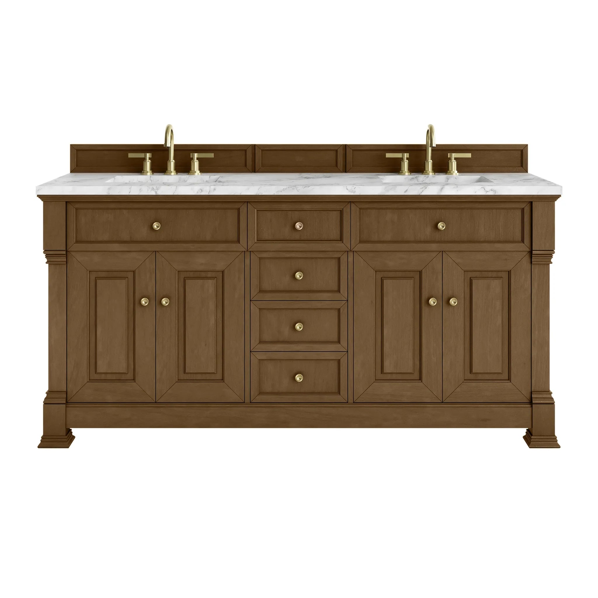 72" Brookfield Double Vanity in Honey Oak-Carrara White Marble-8" Widespread image