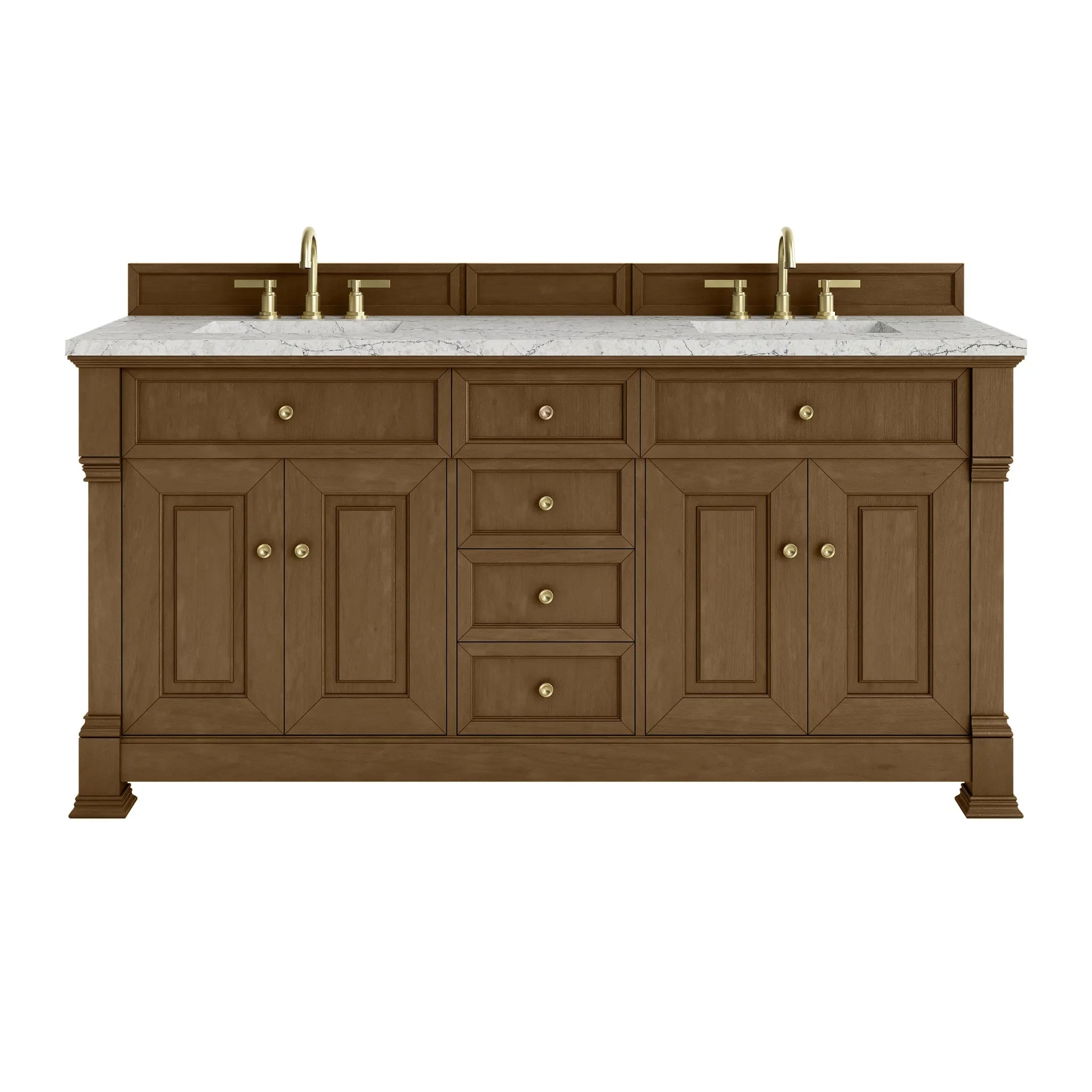 72" Brookfield Double Vanity in Honey Oak-Eternal Jasmine Pearl Silestone-8" Widespread image