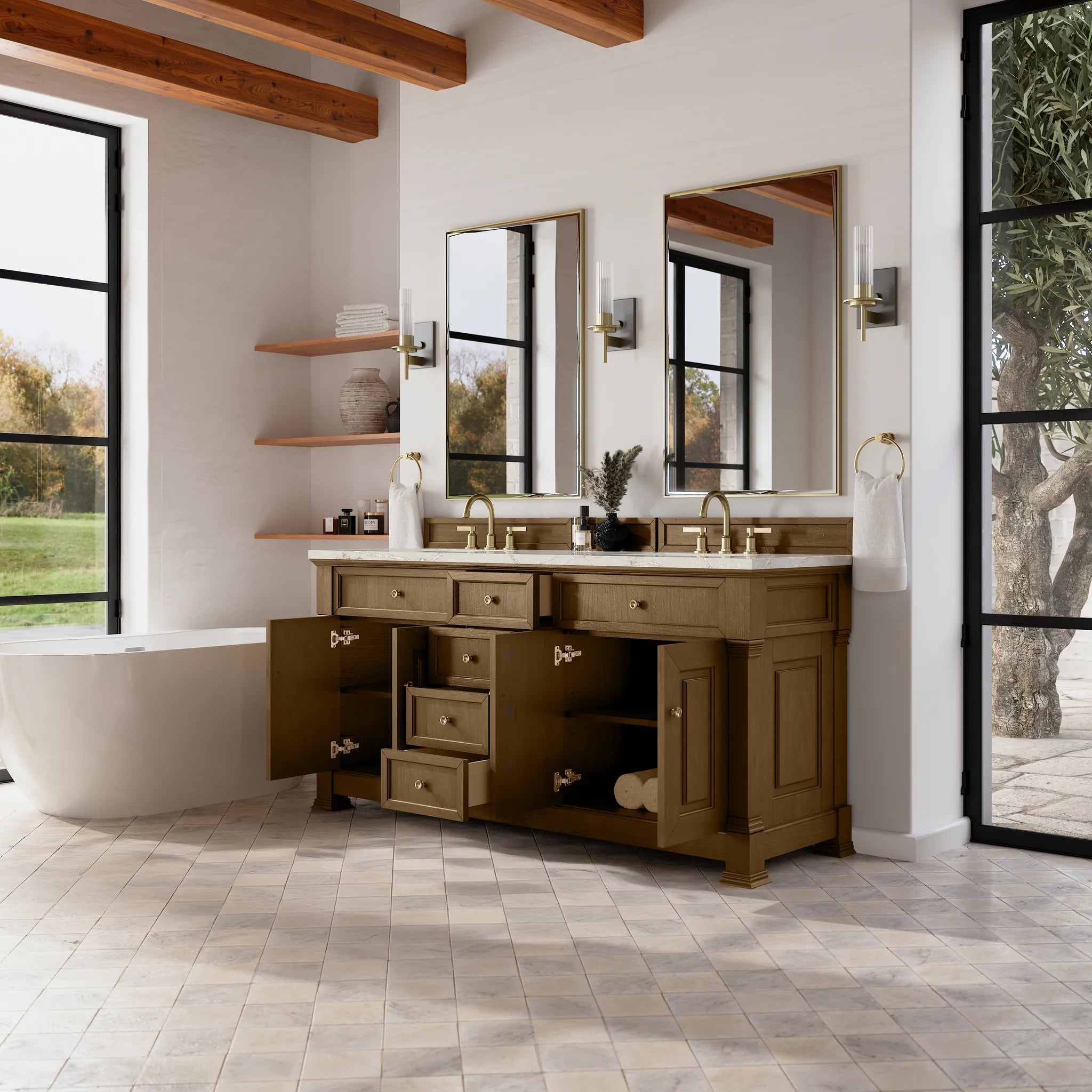 72" Brookfield Double Vanity in Honey Oak-Victorian Silver Silestone-8" Widespread image 4