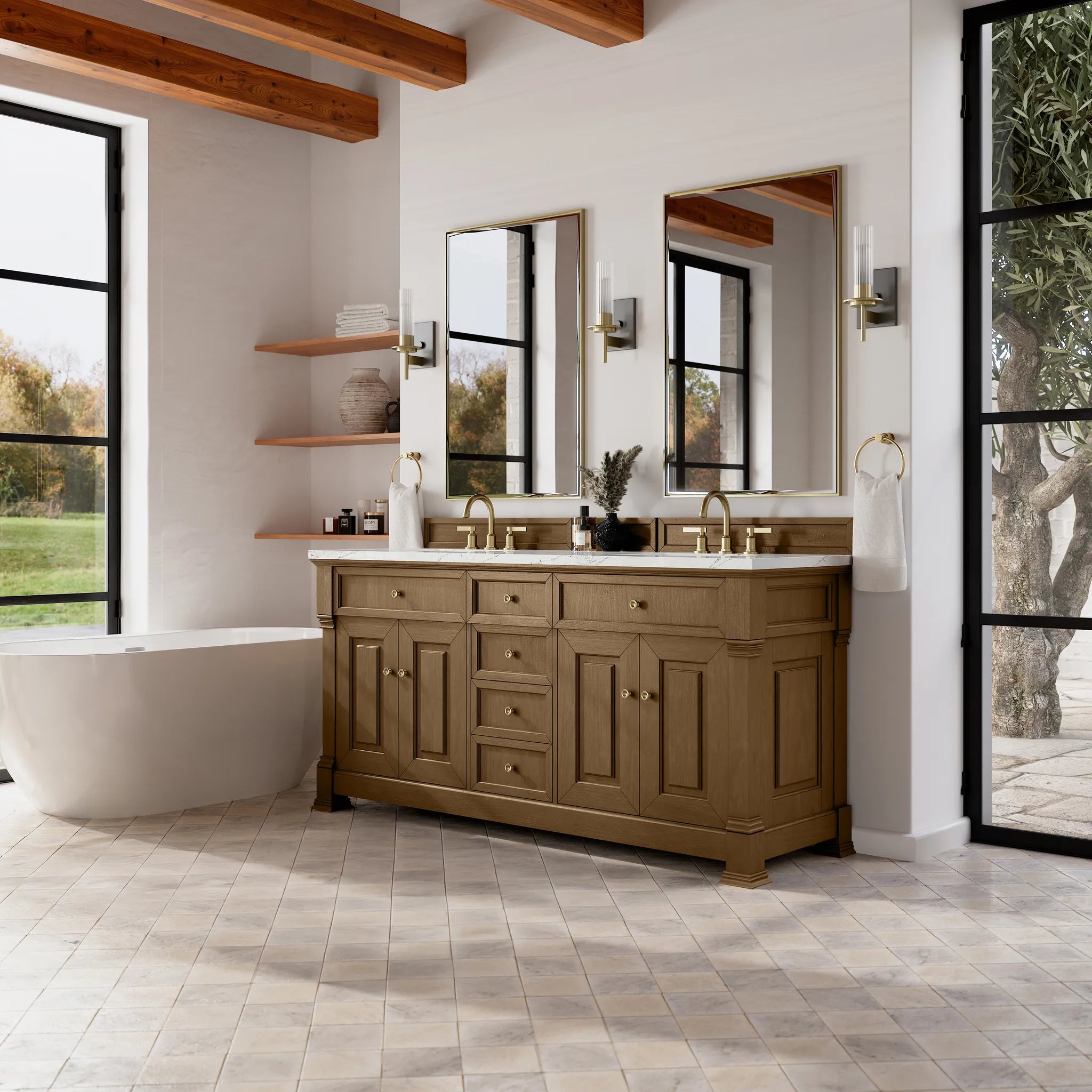 72" Brookfield Double Vanity in Honey Oak w/FreePower Wireless Charger-Ethereal Noctis Silestone-8" Widespread image 5