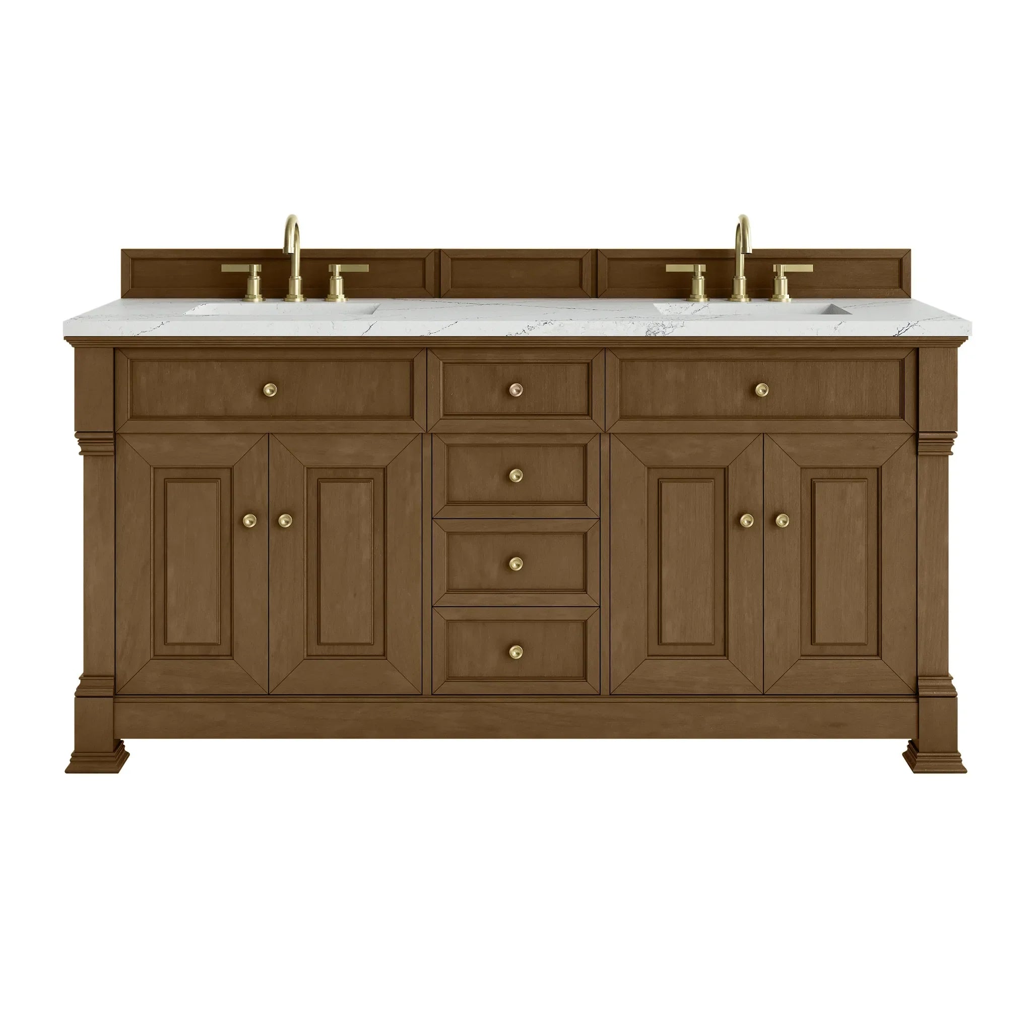 72" Brookfield Double Vanity in Honey Oak w/FreePower Wireless Charger-Ethereal Noctis Silestone-8" Widespread image