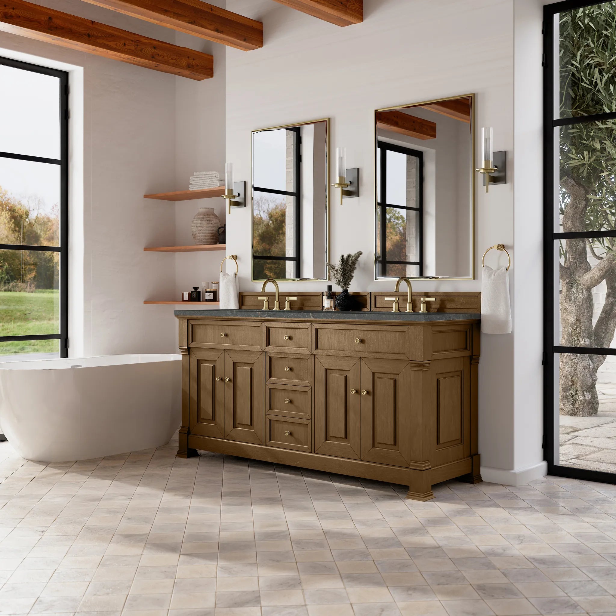 72" Brookfield Double Vanity in Honey Oak w/FreePower Wireless Charger-Parisien Bleu Silestone-8" Widespread image 5