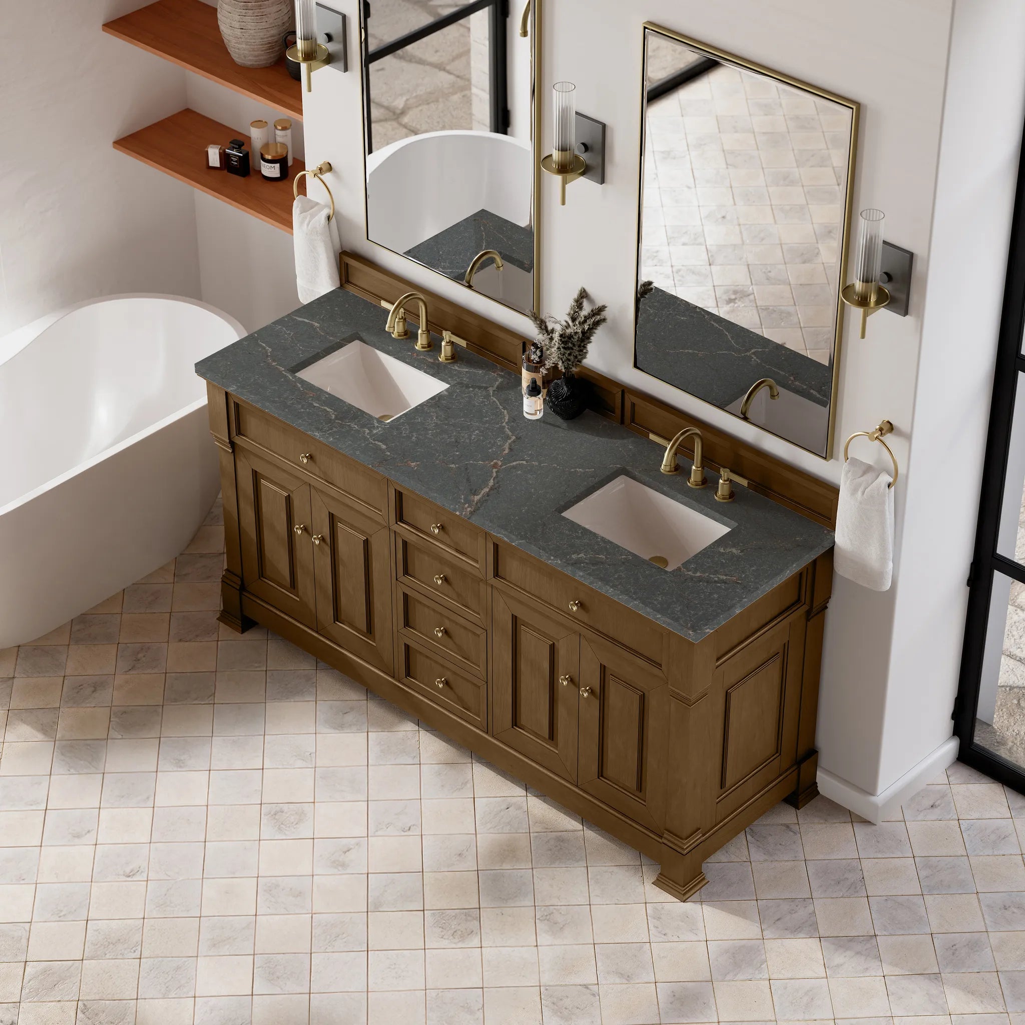 72" Brookfield Double Vanity in Honey Oak w/FreePower Wireless Charger-Parisien Bleu Silestone-8" Widespread image 8