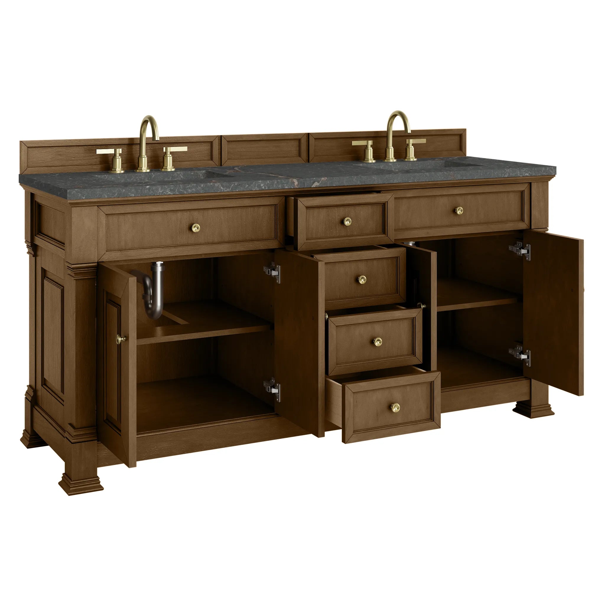 72" Brookfield Double Vanity in Honey Oak w/FreePower Wireless Charger-Parisien Bleu Silestone-8" Widespread image 9