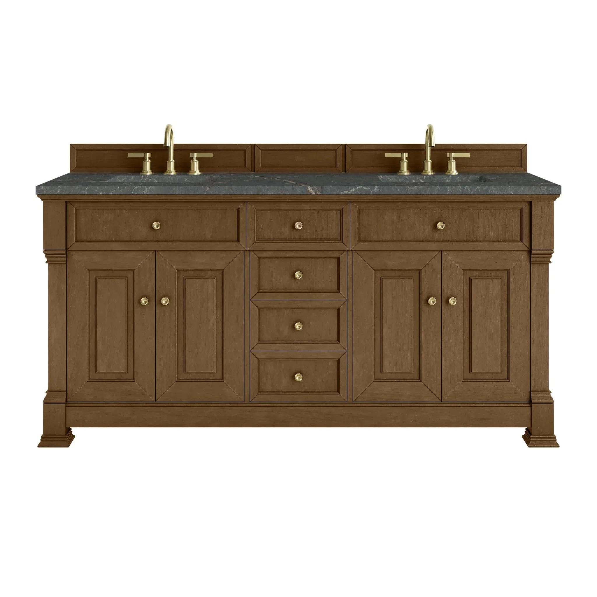 72" Brookfield Double Vanity in Honey Oak w/FreePower Wireless Charger-Parisien Bleu Silestone-8" Widespread image