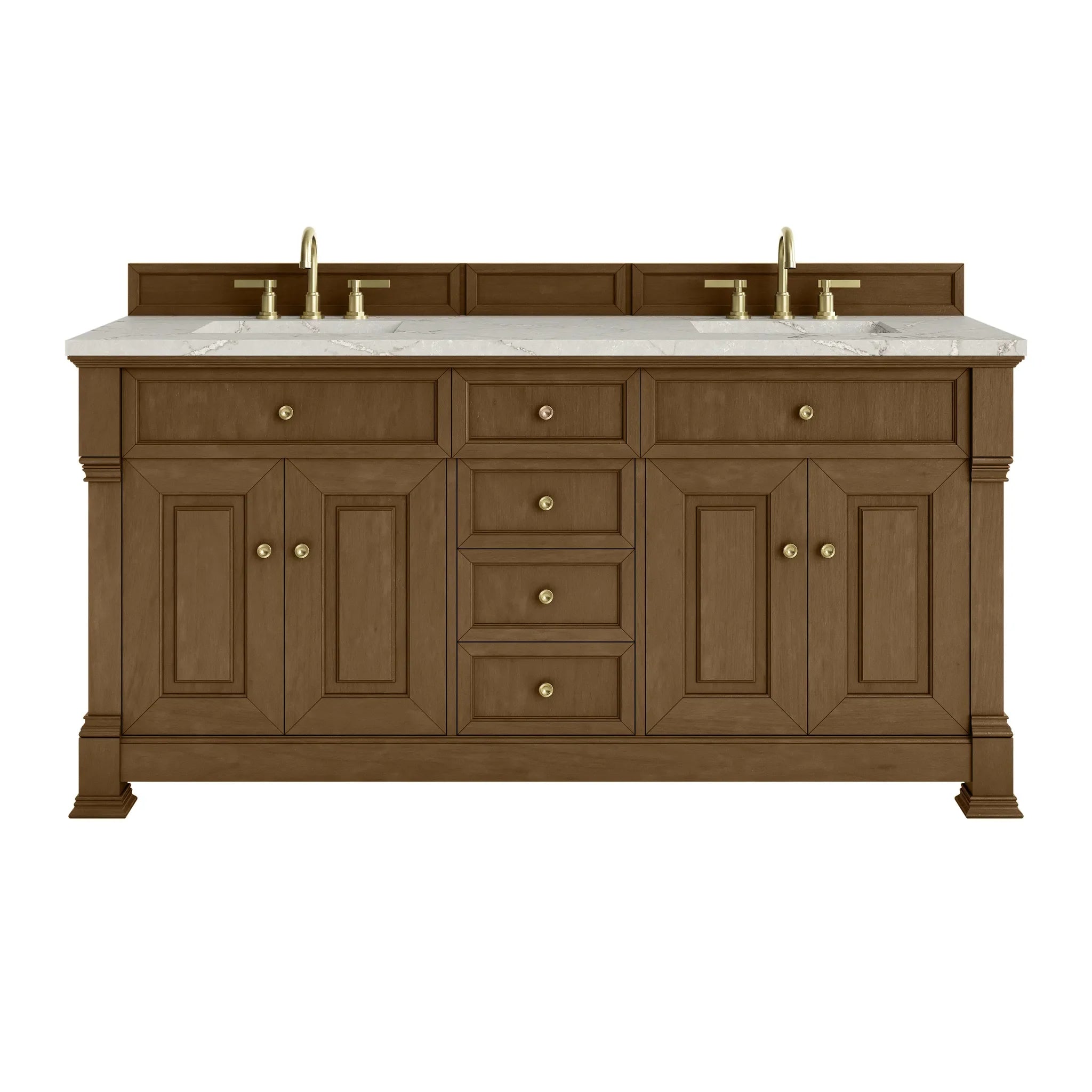 72" Brookfield Double Vanity in Honey Oak w/FreePower Wireless Charger-Victorian Silver Silestone-8" Widespread image