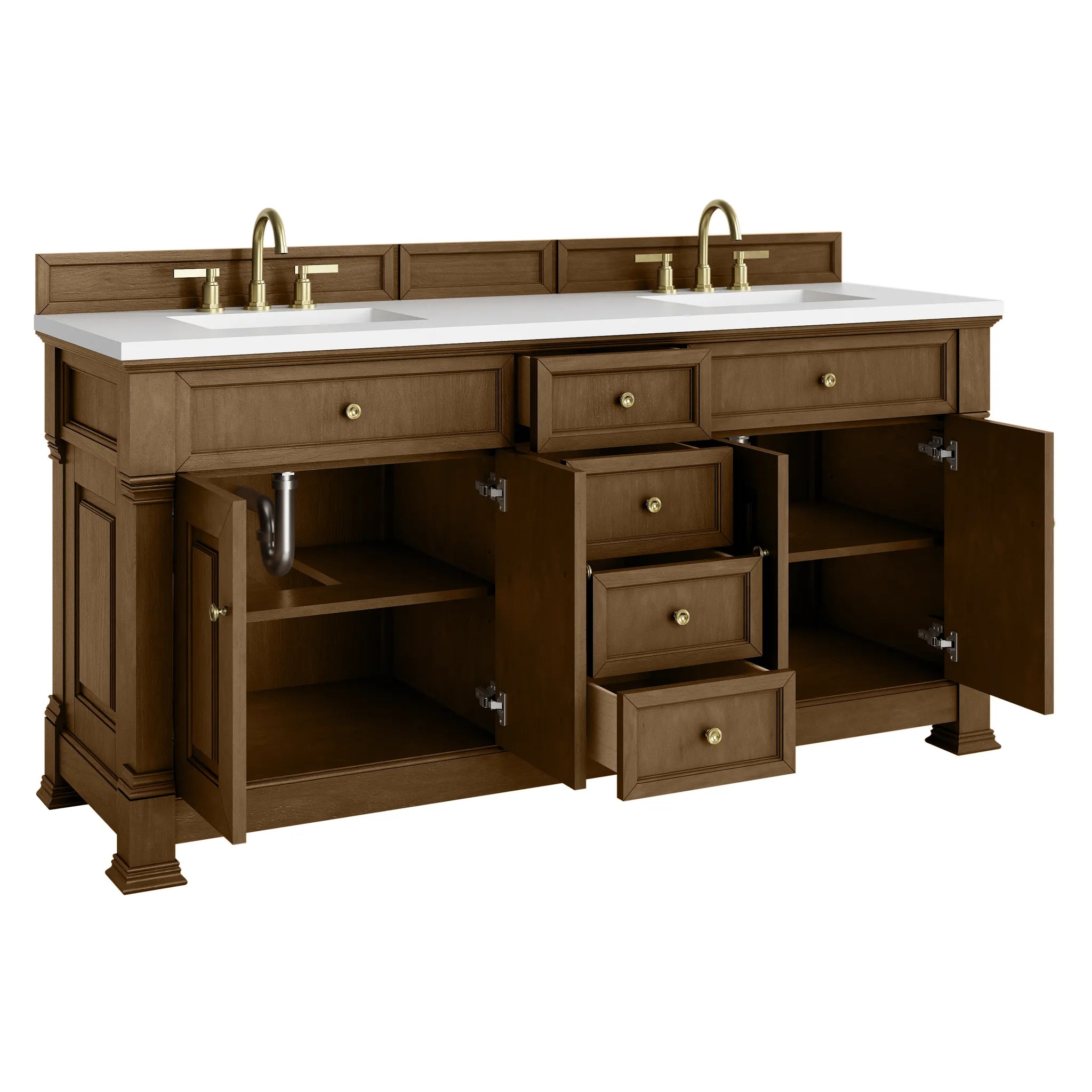 72" Brookfield Double Vanity in Honey Oak-White Zeus Silestone-8" Widespread image 7