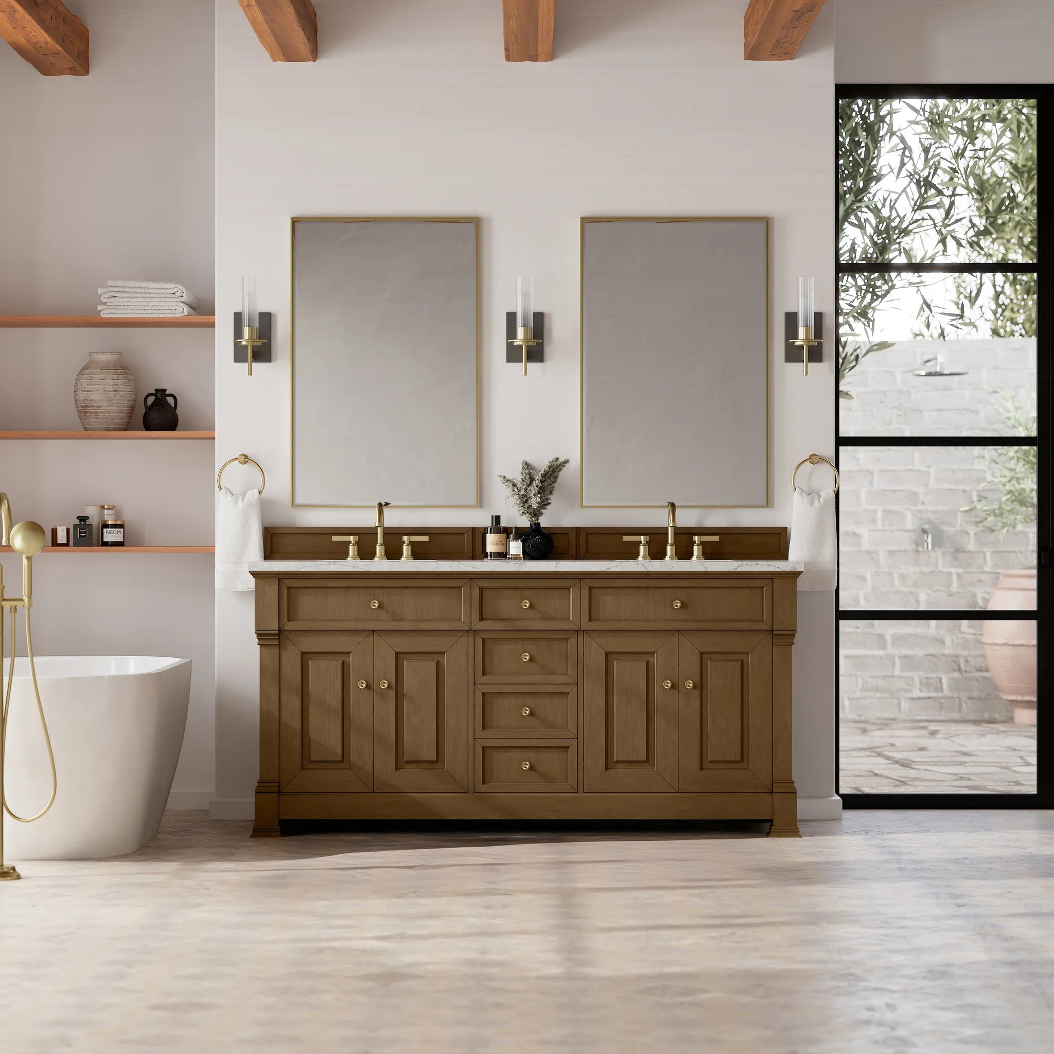 72" Brookfield Double Vanity in Honey Oak Wireless Charger-Eternal Jasmine Pearl Silestone-8" Widespread image 4