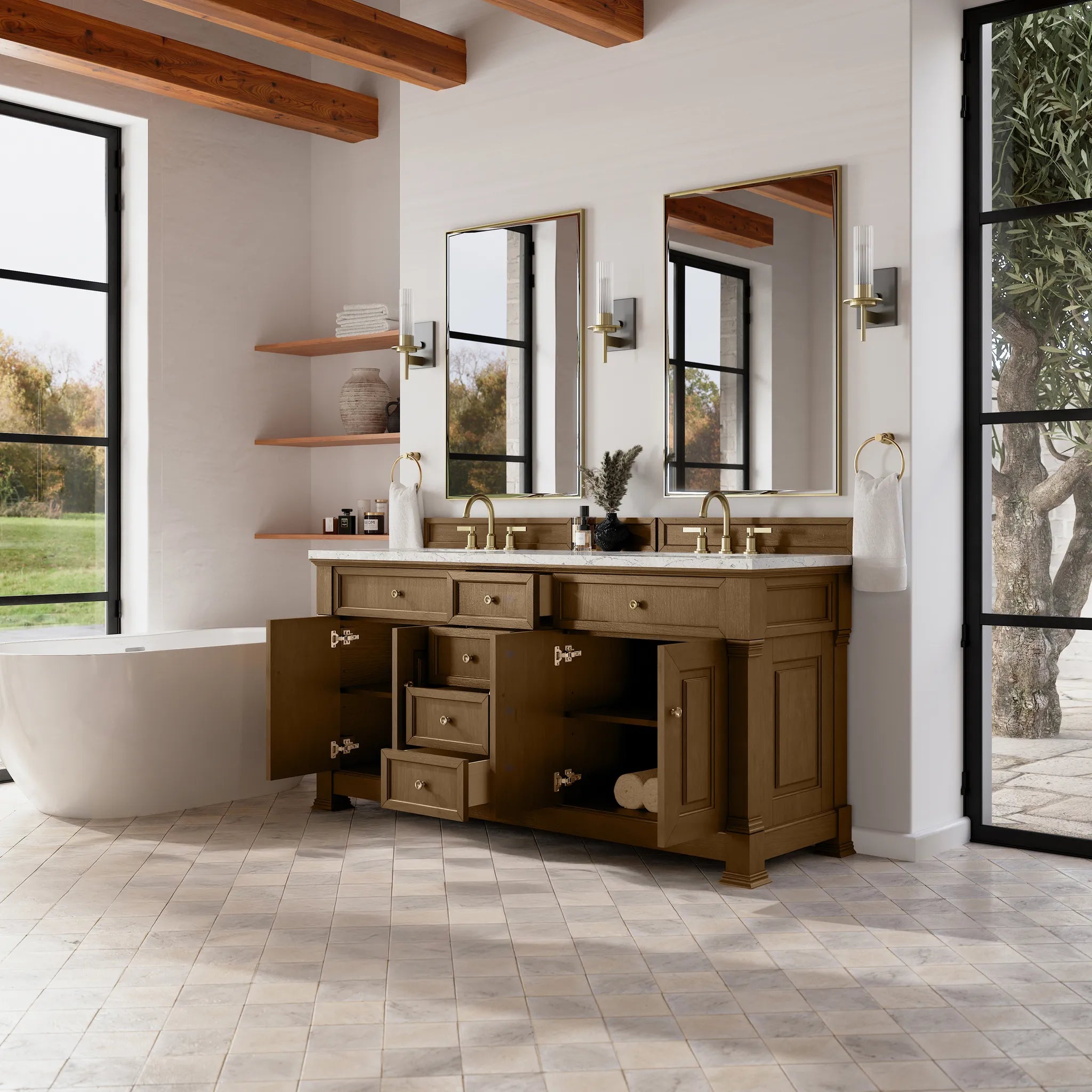 72" Brookfield Double Vanity in Honey Oak Wireless Charger-Eternal Jasmine Pearl Silestone-8" Widespread image 6