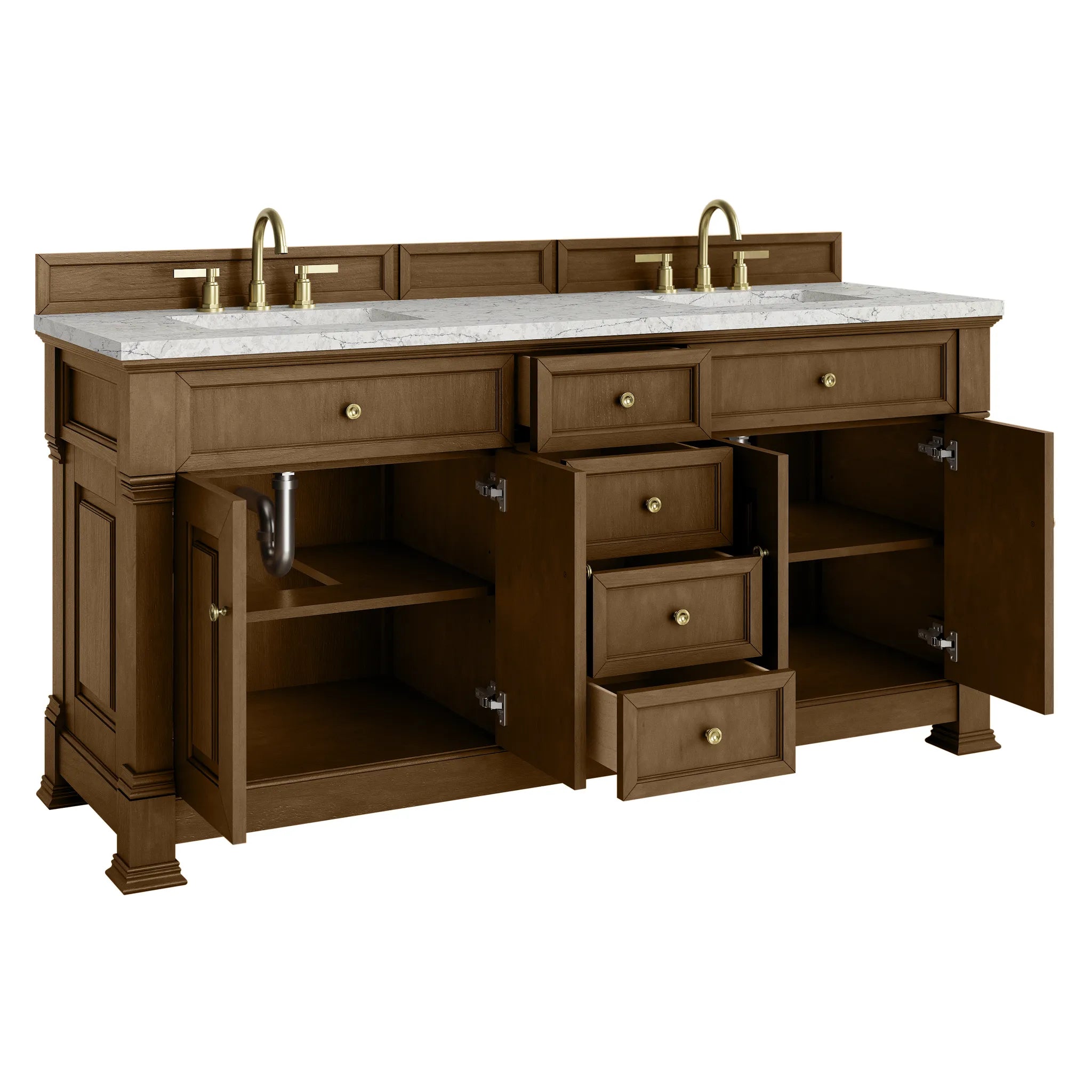 72" Brookfield Double Vanity in Honey Oak Wireless Charger-Eternal Jasmine Pearl Silestone-8" Widespread image 9