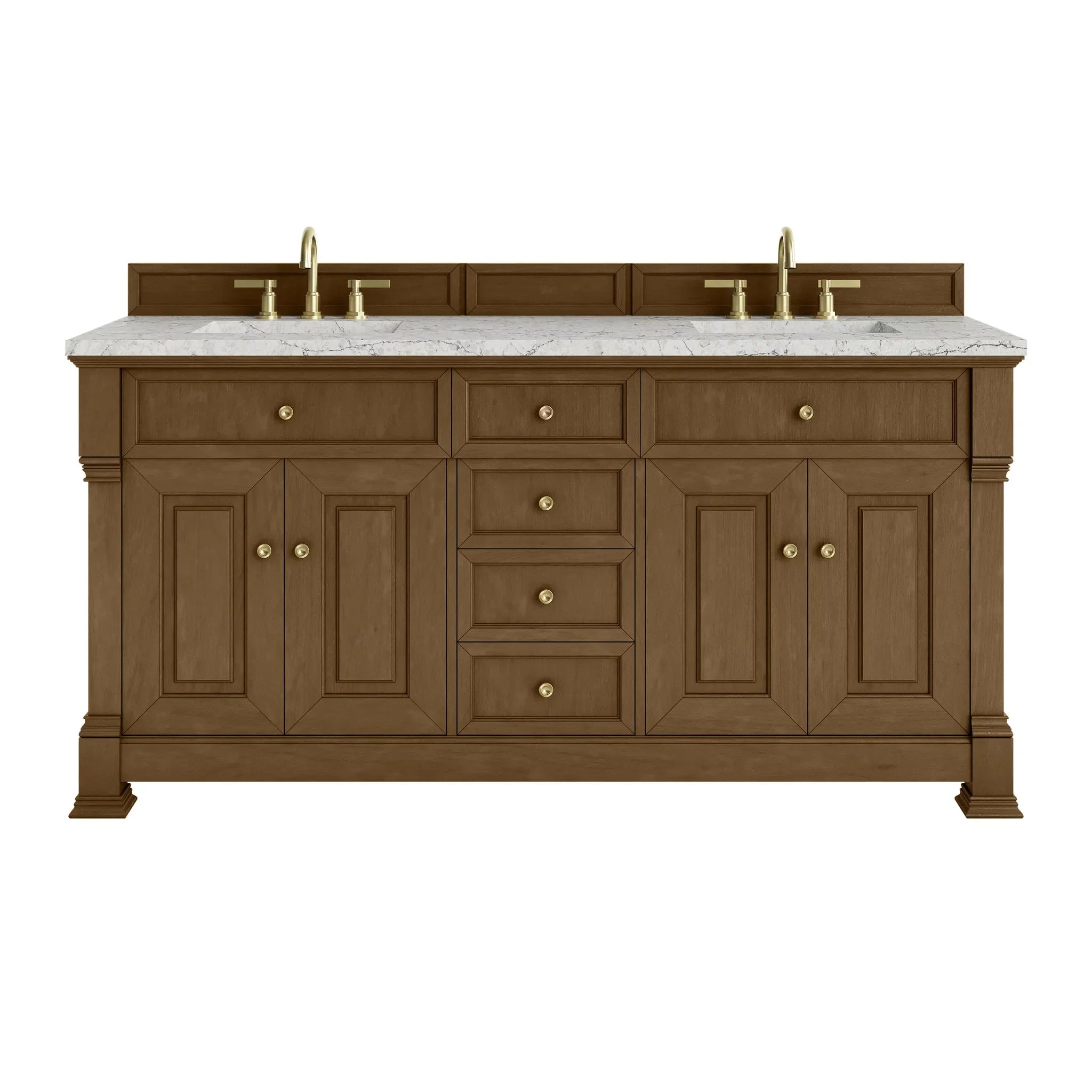 72" Brookfield Double Vanity in Honey Oak Wireless Charger-Eternal Jasmine Pearl Silestone-8" Widespread image