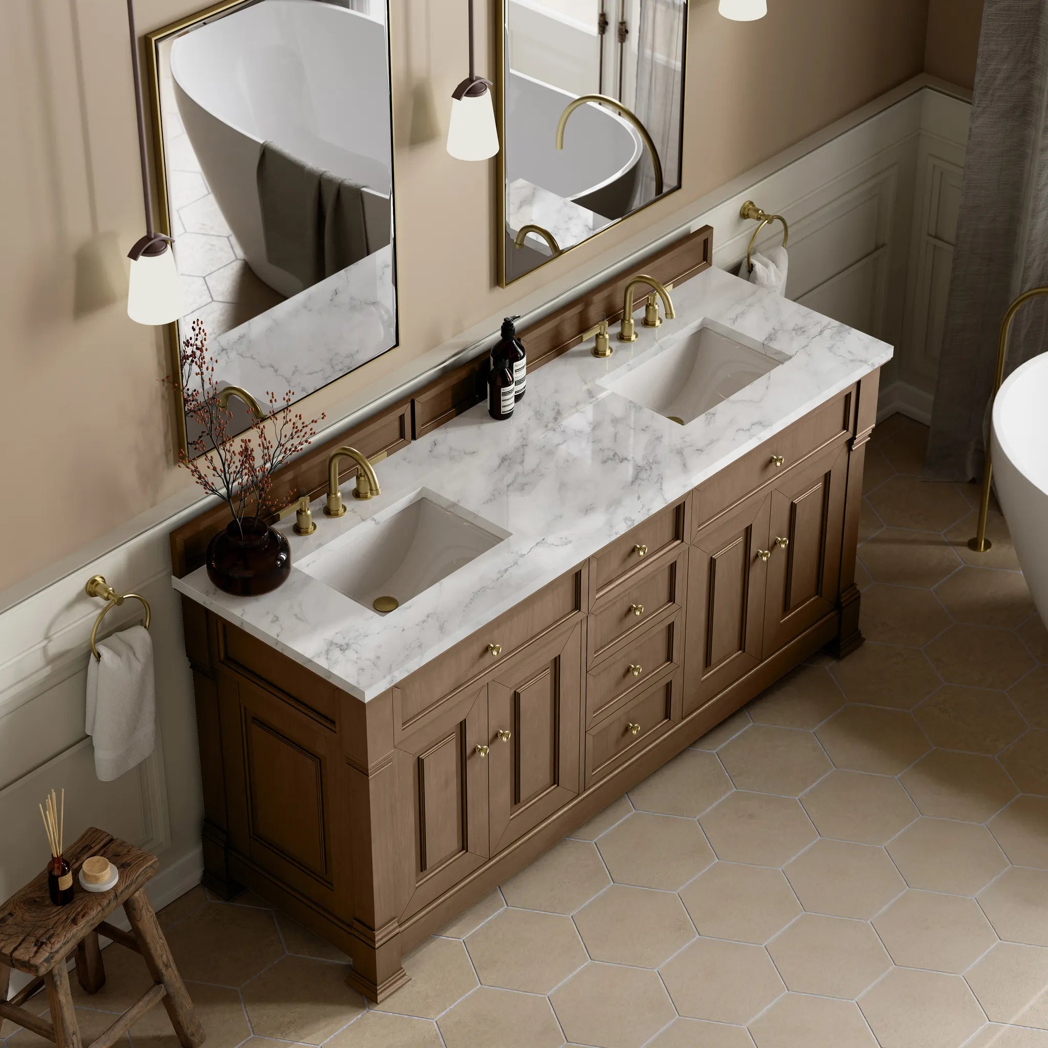 72" Brookfield Double Vanity in Pecan-Carrara White Marble-8" Widespread image 6