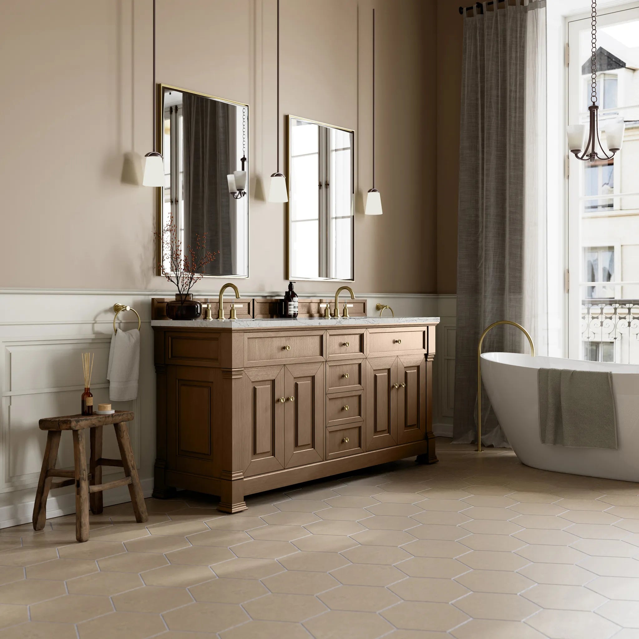 72" Brookfield Double Vanity in Pecan w/FreePower Wireless Charger-Eternal Jasmine Pearl Silestone-8" Widespread image 5