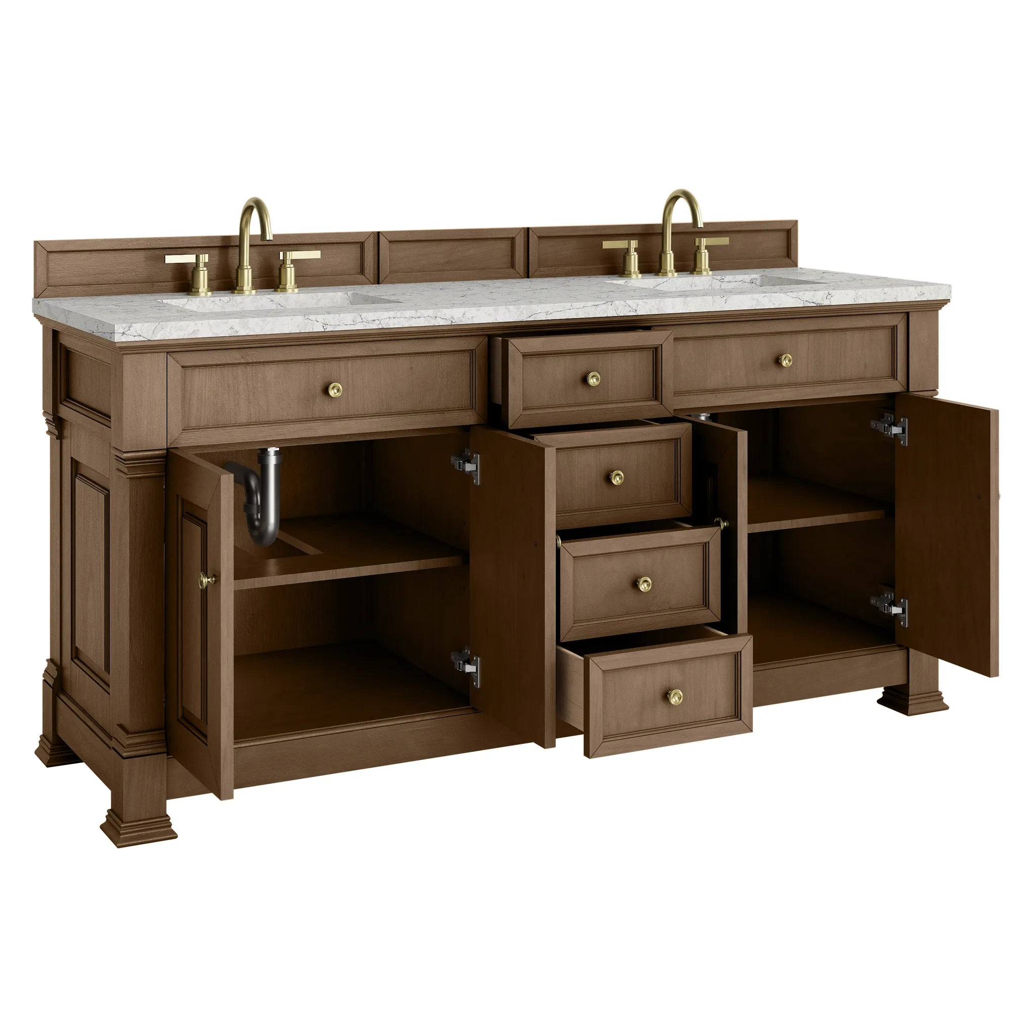 72" Brookfield Double Vanity in Pecan w/FreePower Wireless Charger-Eternal Jasmine Pearl Silestone-8" Widespread image 9