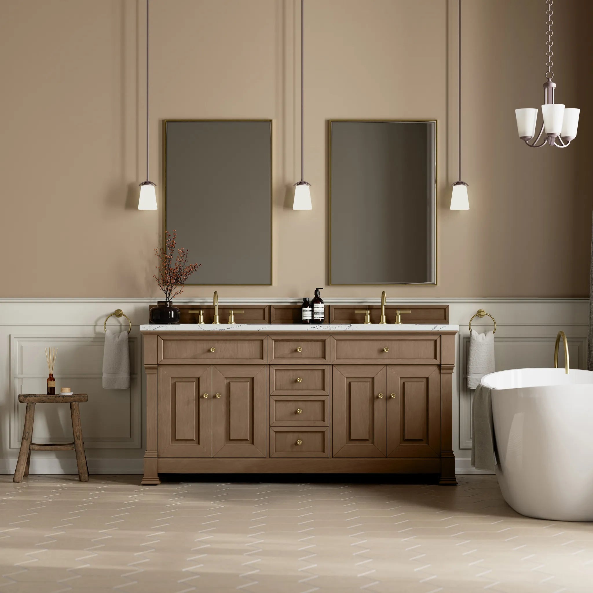 72" Brookfield Double Vanity in Pecan w/FreePower Wireless Charger-Ethereal Noctis Silestone-8" Widespread image 4