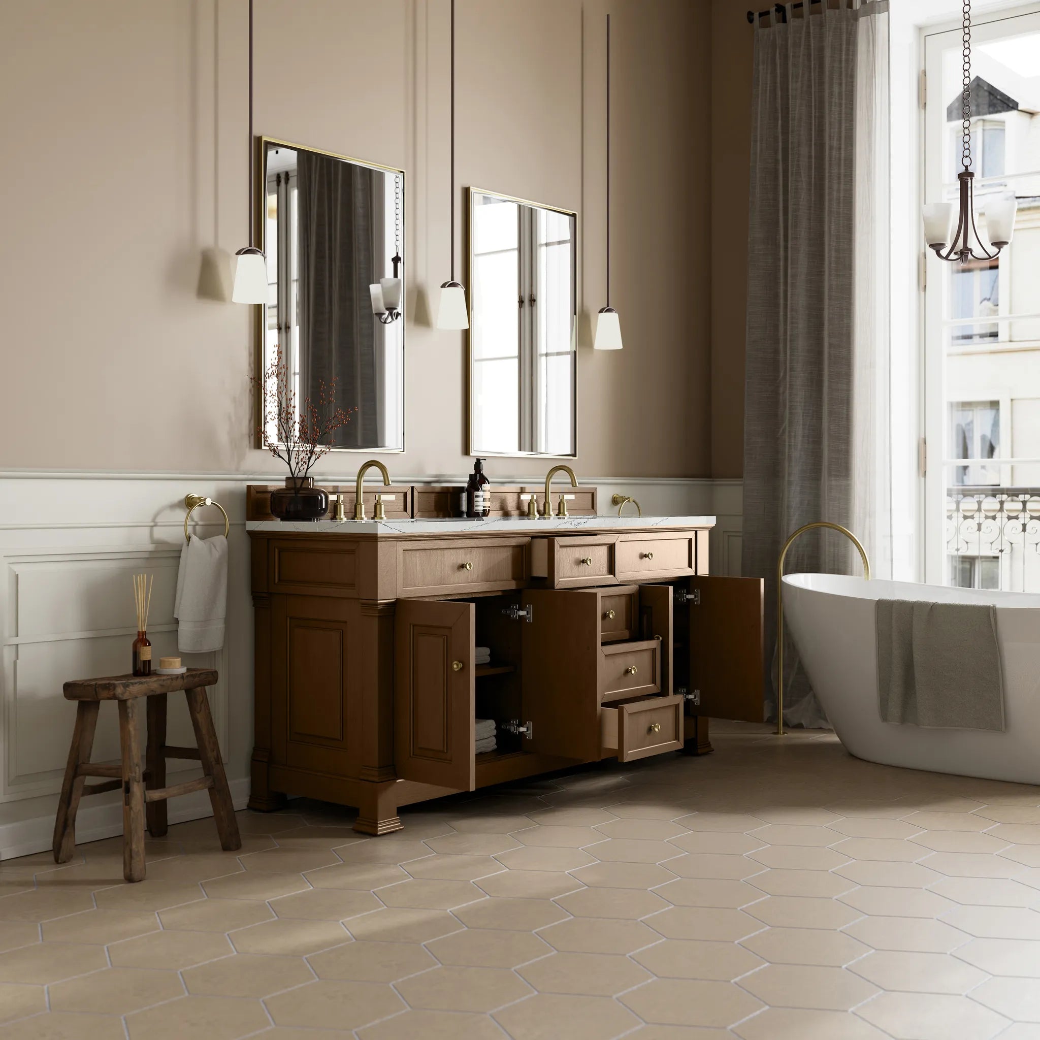 72" Brookfield Double Vanity in Pecan w/FreePower Wireless Charger-Ethereal Noctis Silestone-8" Widespread image 6