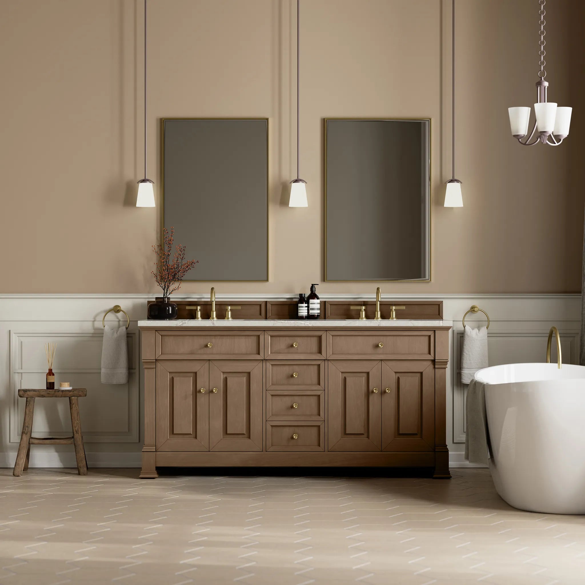 72" Brookfield Double Vanity in Pecan w/FreePower Wireless Charger-Victorian Silver Silestone-8" Widespread image 4
