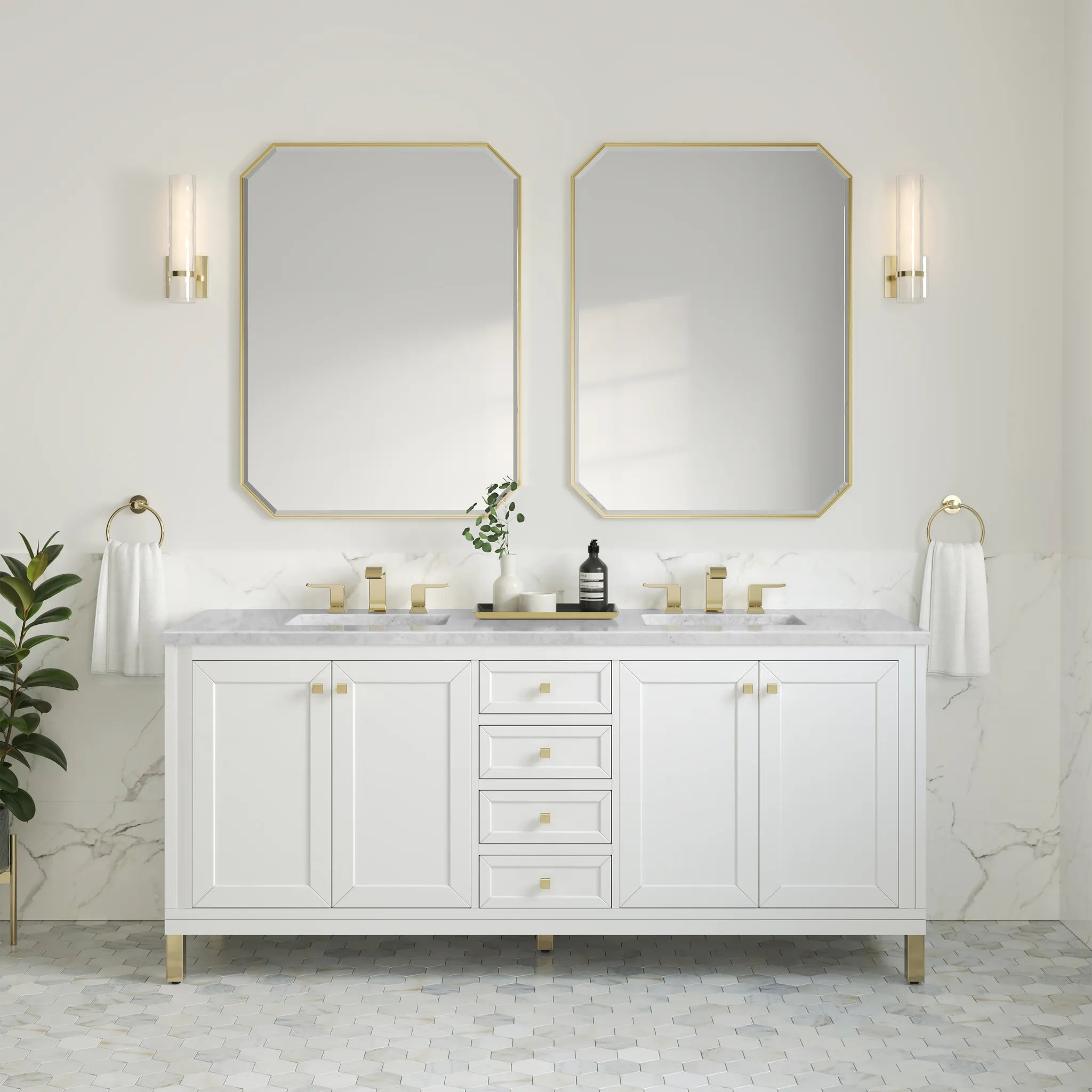 72" Chicago Double Vanity in Glossy White-Carrara White Marble-8" Widespread image 3