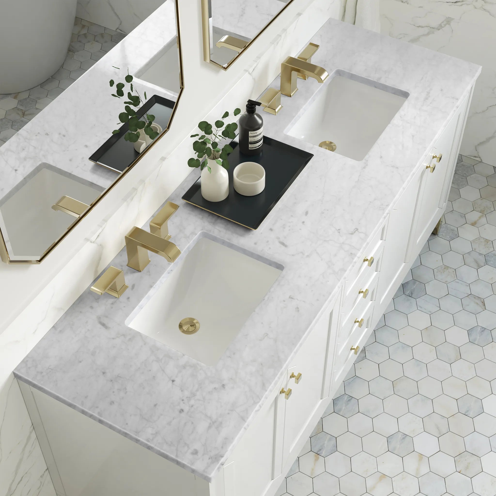 72" Chicago Double Vanity in Glossy White-Carrara White Marble-8" Widespread image 7
