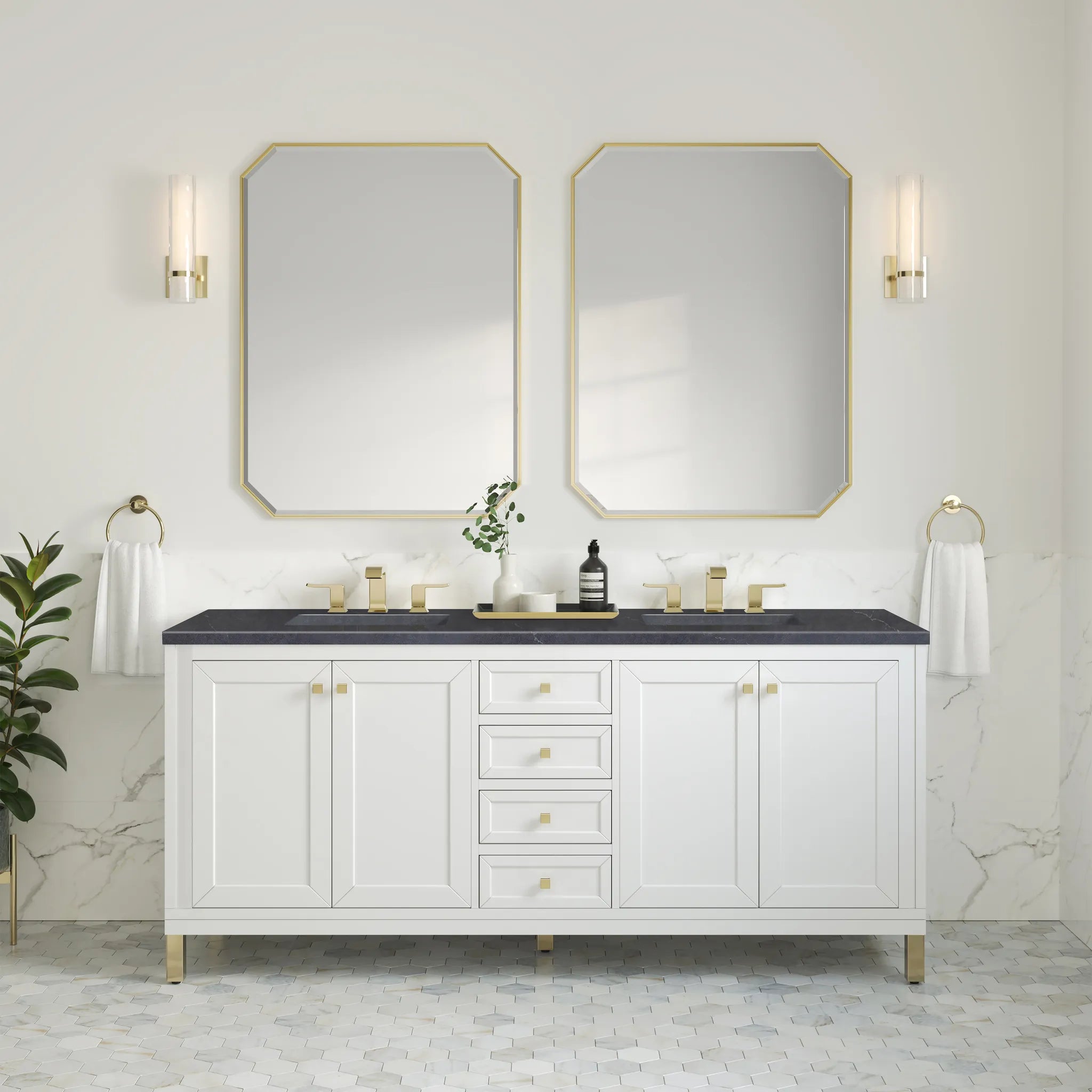 72" Chicago Double Vanity in Glossy White-Charcoal Soapstone Silestone-8" Widespread image 3