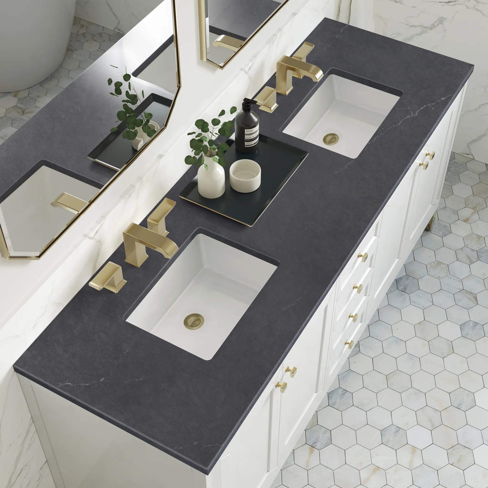 72" Chicago Double Vanity in Glossy White-Charcoal Soapstone Silestone-8" Widespread image 7