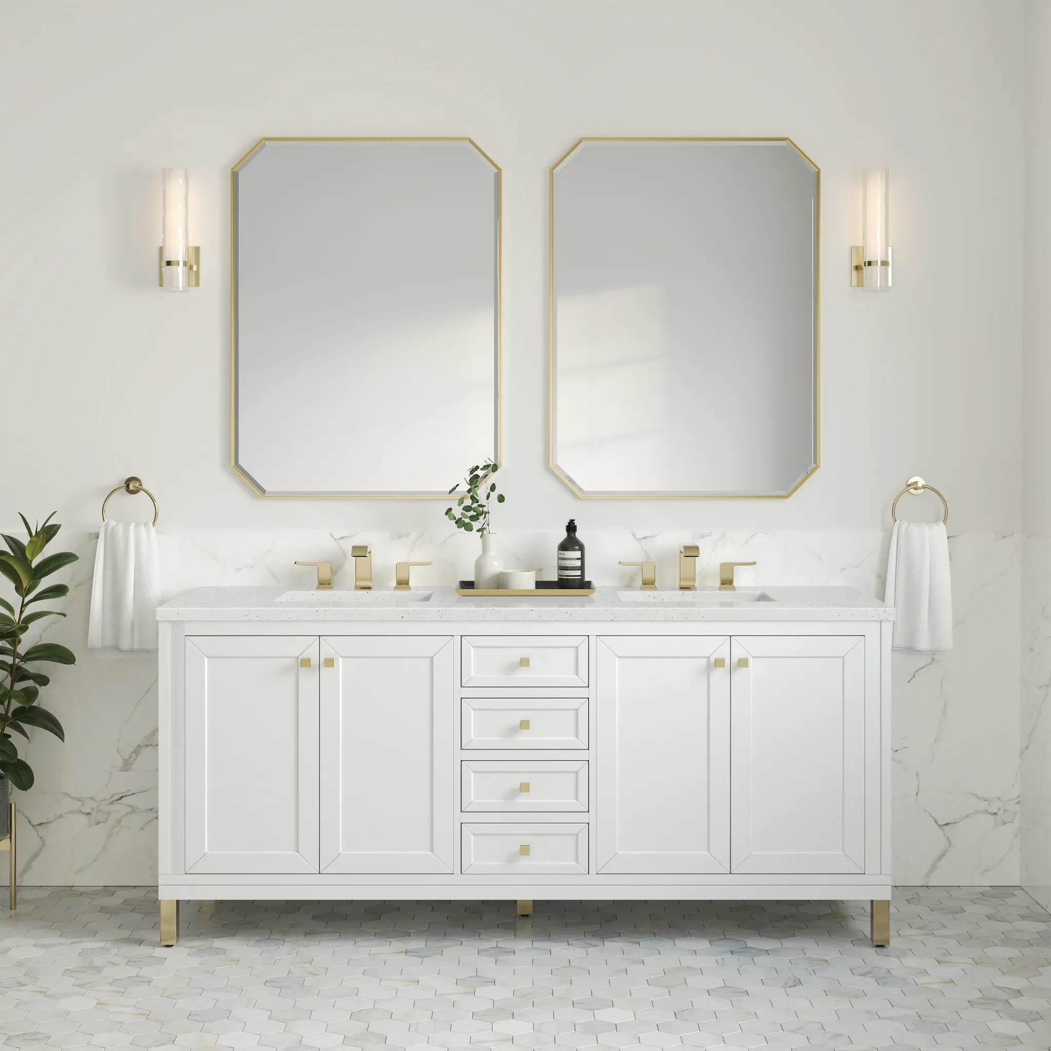 72" Chicago Double Vanity in Glossy White-Lime Delight Silestone-8" Widespread image 3