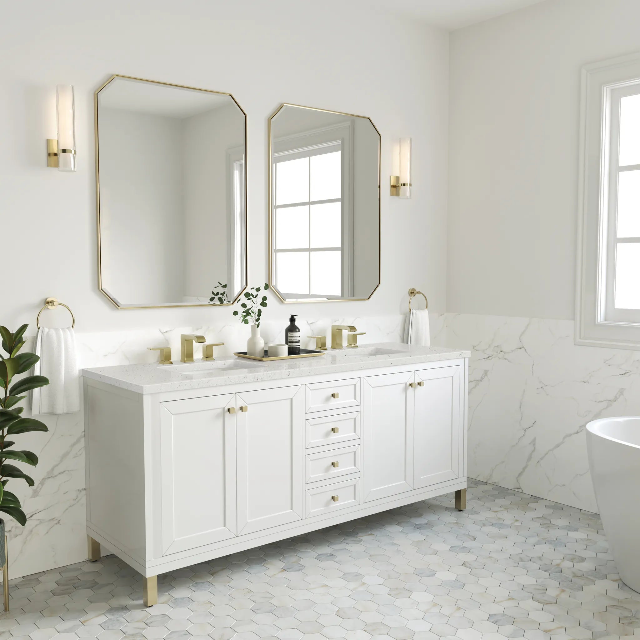72" Chicago Double Vanity in Glossy White-Lime Delight Silestone-8" Widespread image 4
