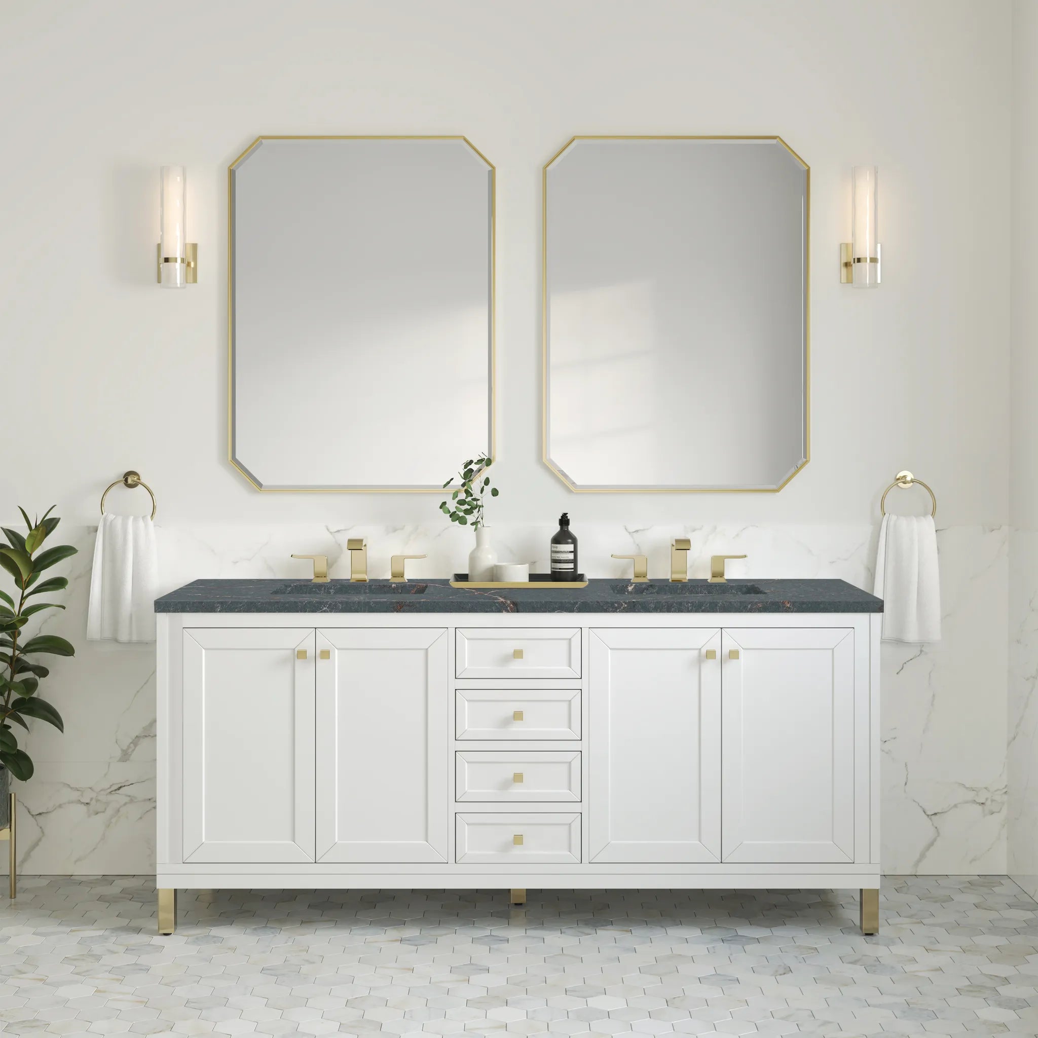 72" Chicago Double Vanity in Glossy White-Parisien Bleu Silestone-8" Widespread image 3