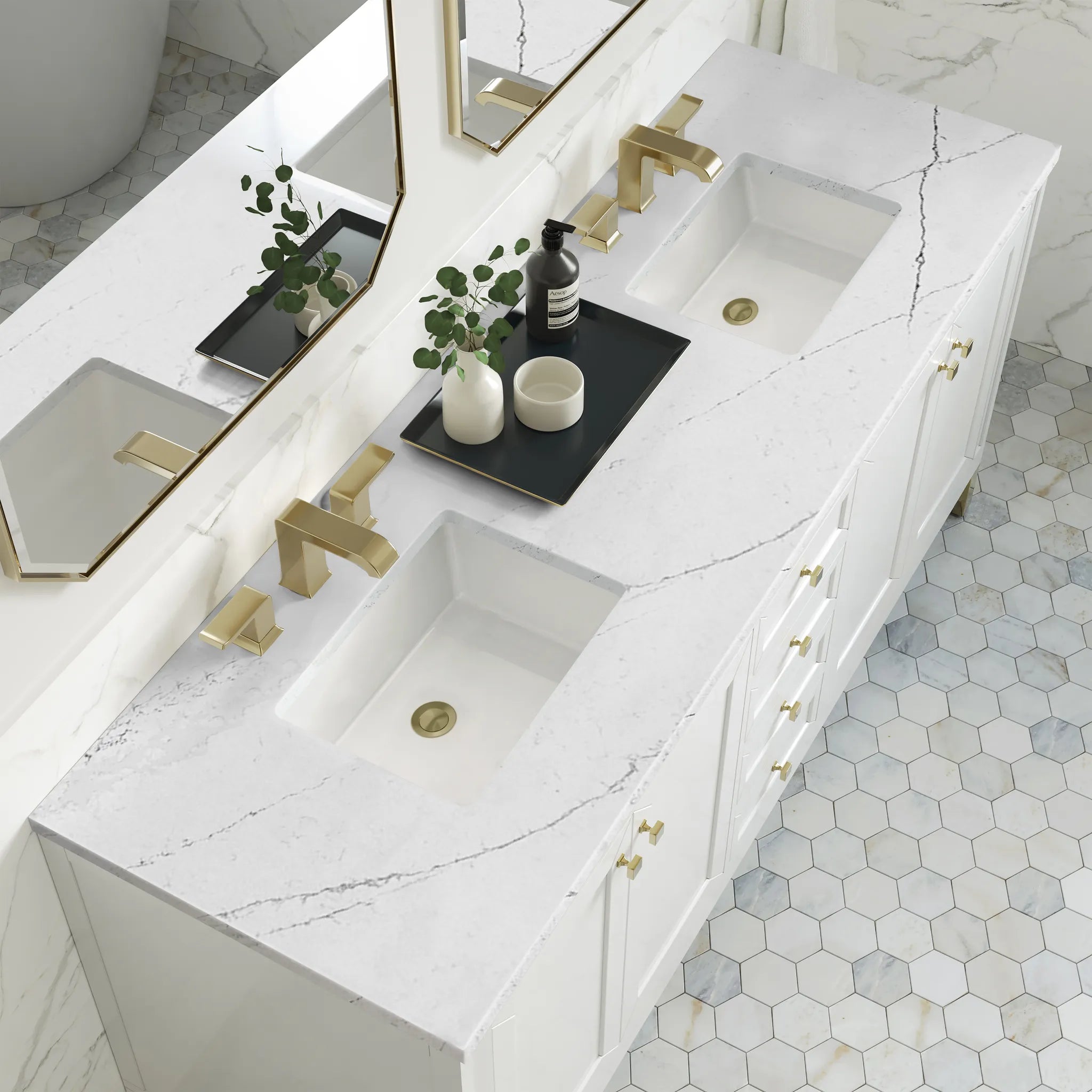 72" Chicago Double Vanity in Glossy White, w/FreePower Wireless Charger-Ethereal Noctis Silestone-8" Widespread image 8