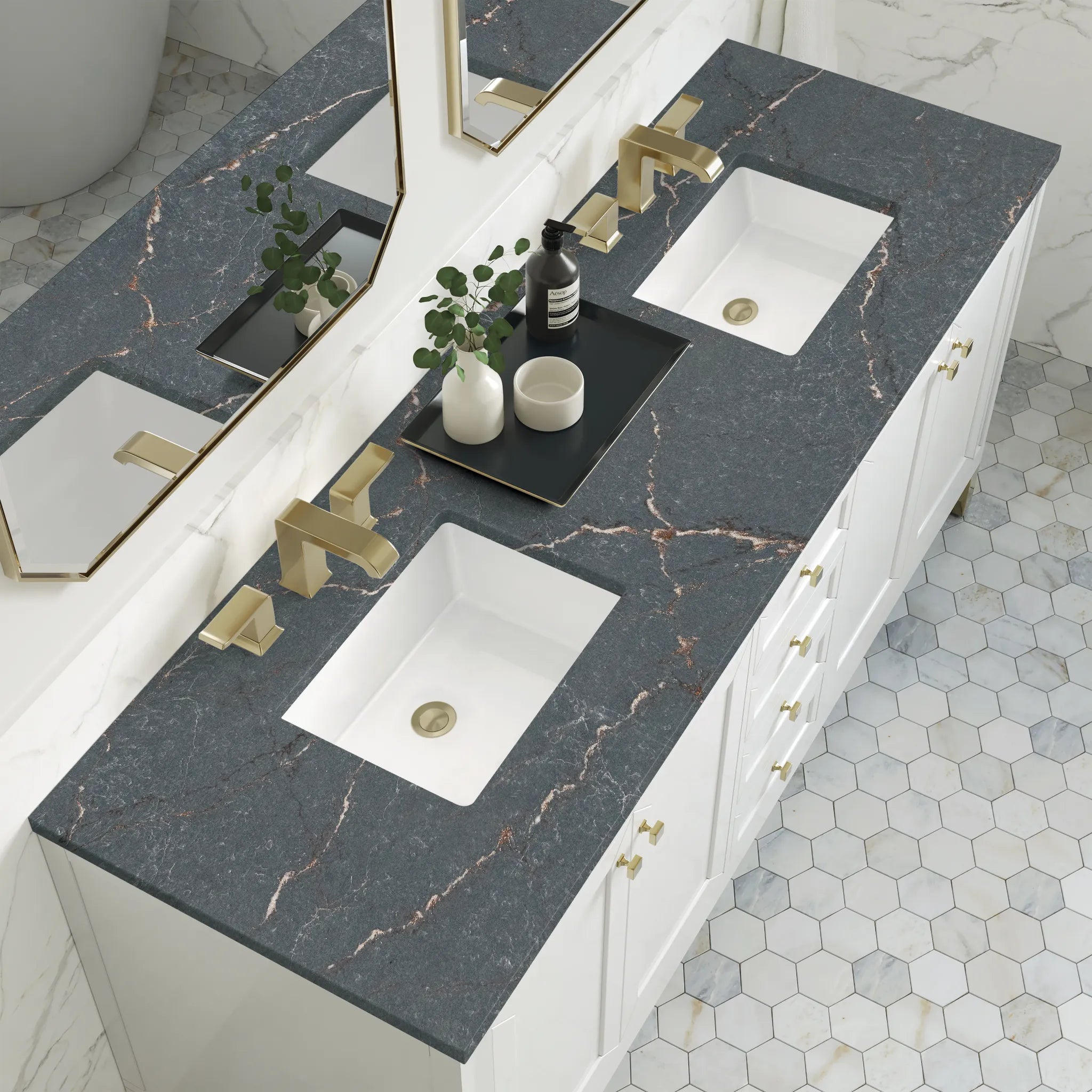 72" Chicago Double Vanity in Glossy White, w/FreePower Wireless Charger-Parisien Bleu Silestone-8" Widespread image 9