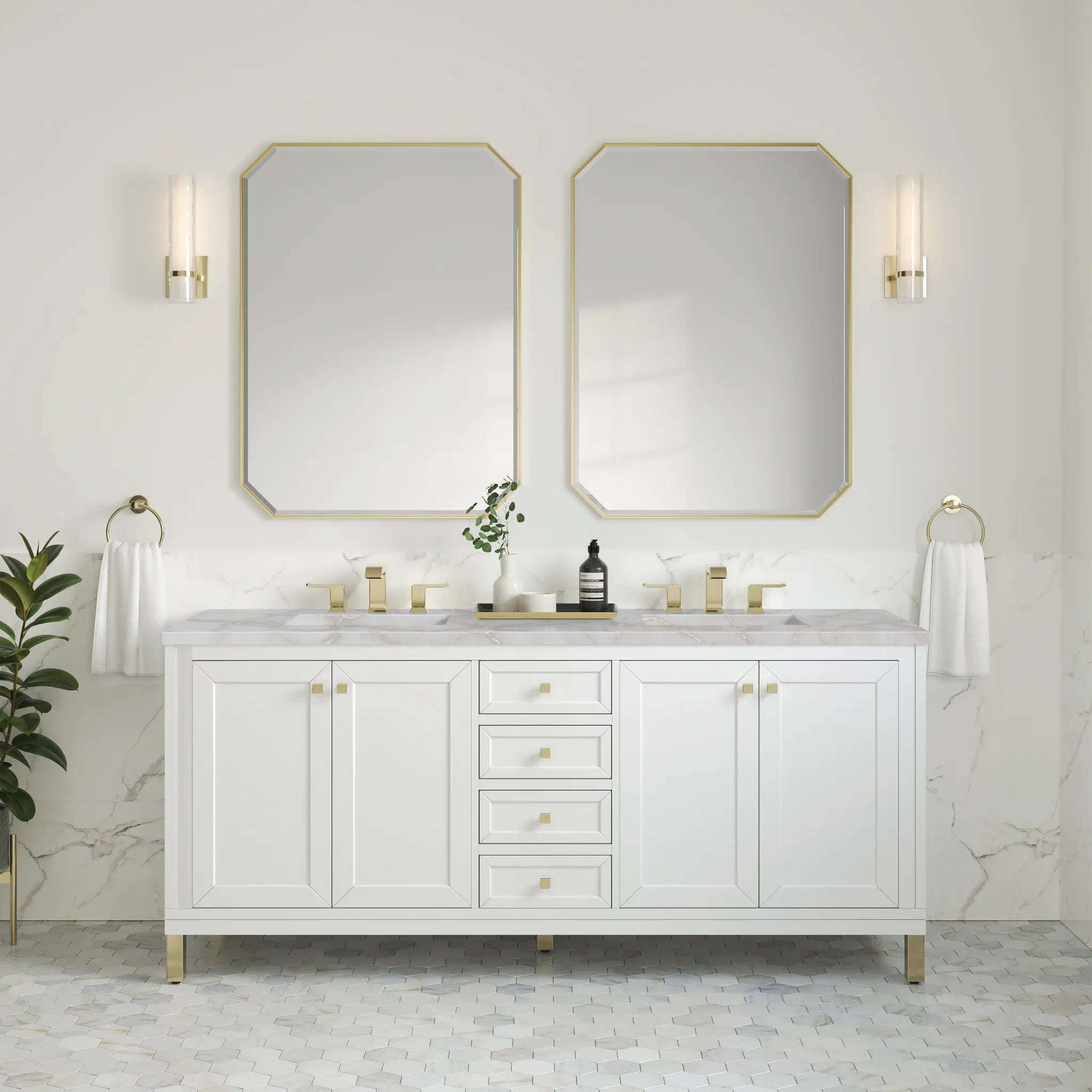 72" Chicago Double Vanity in Glossy White, w/FreePower Wireless Charger-Victorian Silver Silestone-8" Widespread image 4