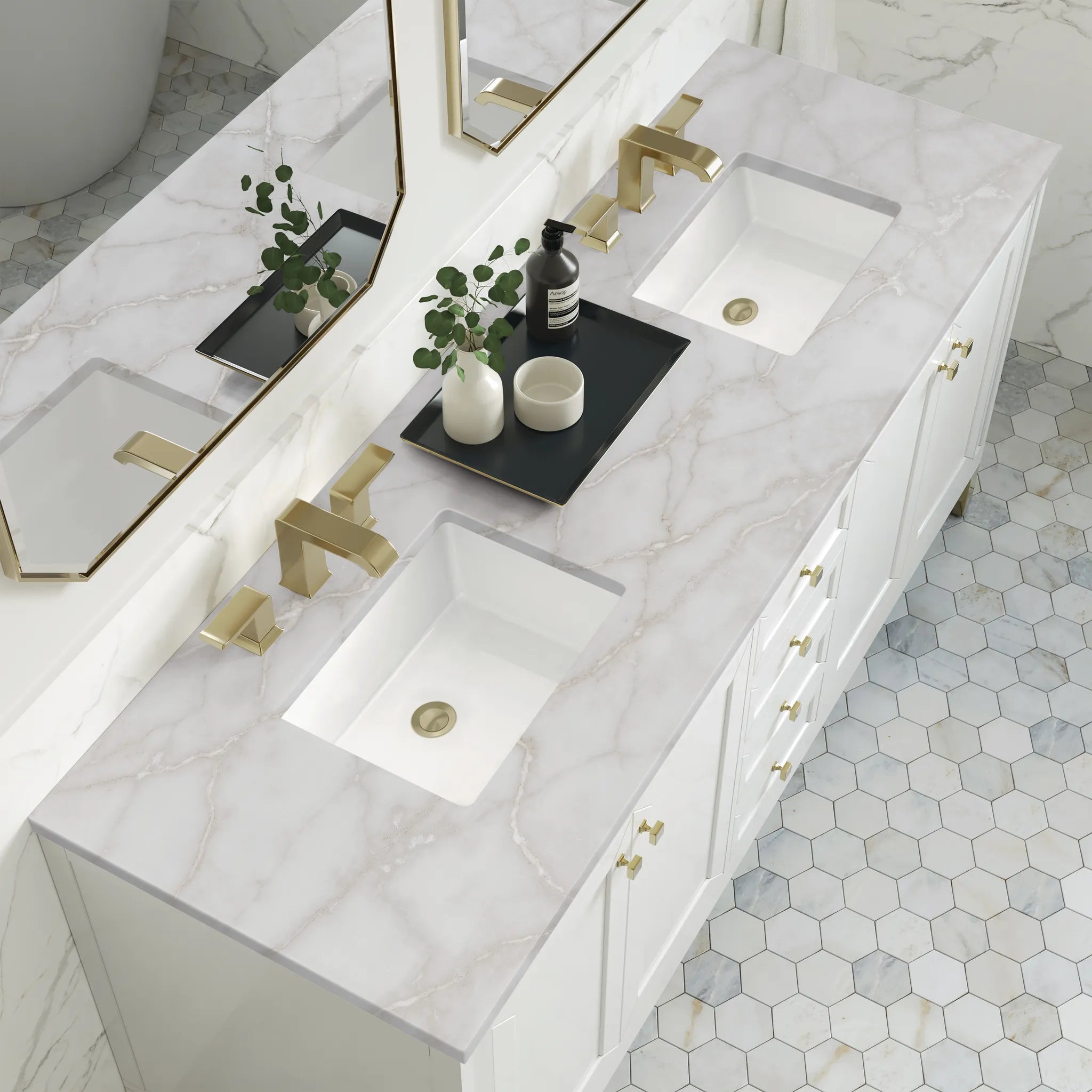 72" Chicago Double Vanity in Glossy White, w/FreePower Wireless Charger-Victorian Silver Silestone-8" Widespread image 8