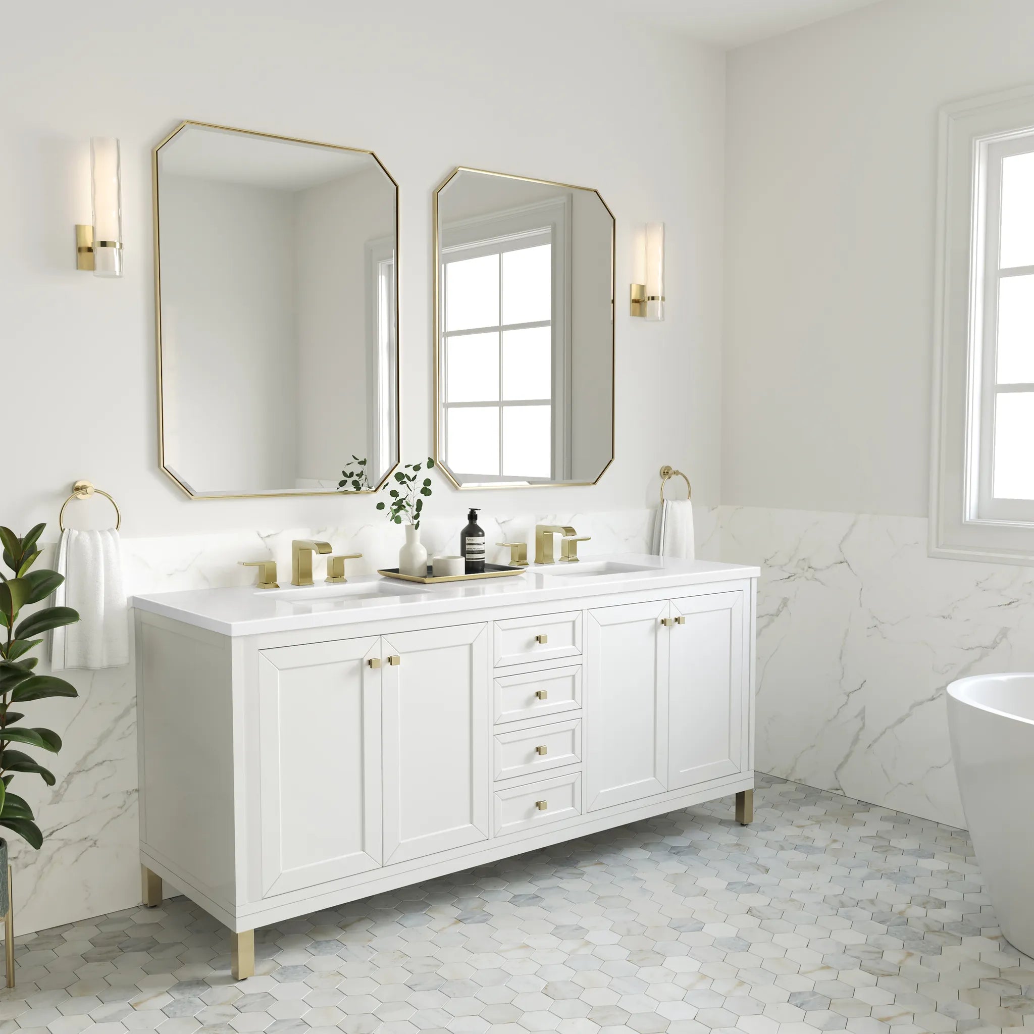 72" Chicago Double Vanity in Glossy White-White Zeus Silestone-8" Widespread image 4