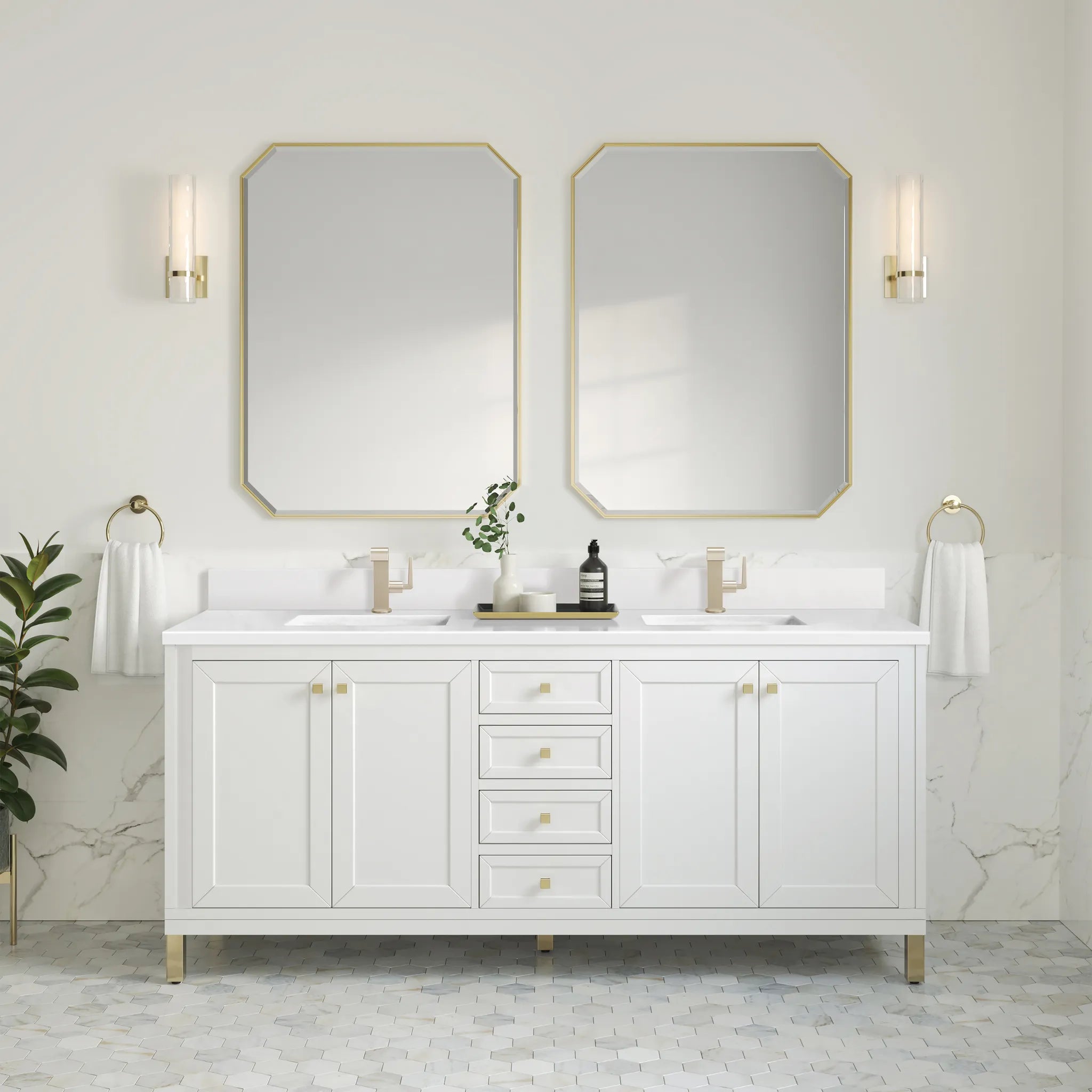 72" Chicago Double Vanity in Glossy White-White Zeus Silestone & Backsplash-Single Hole image 3
