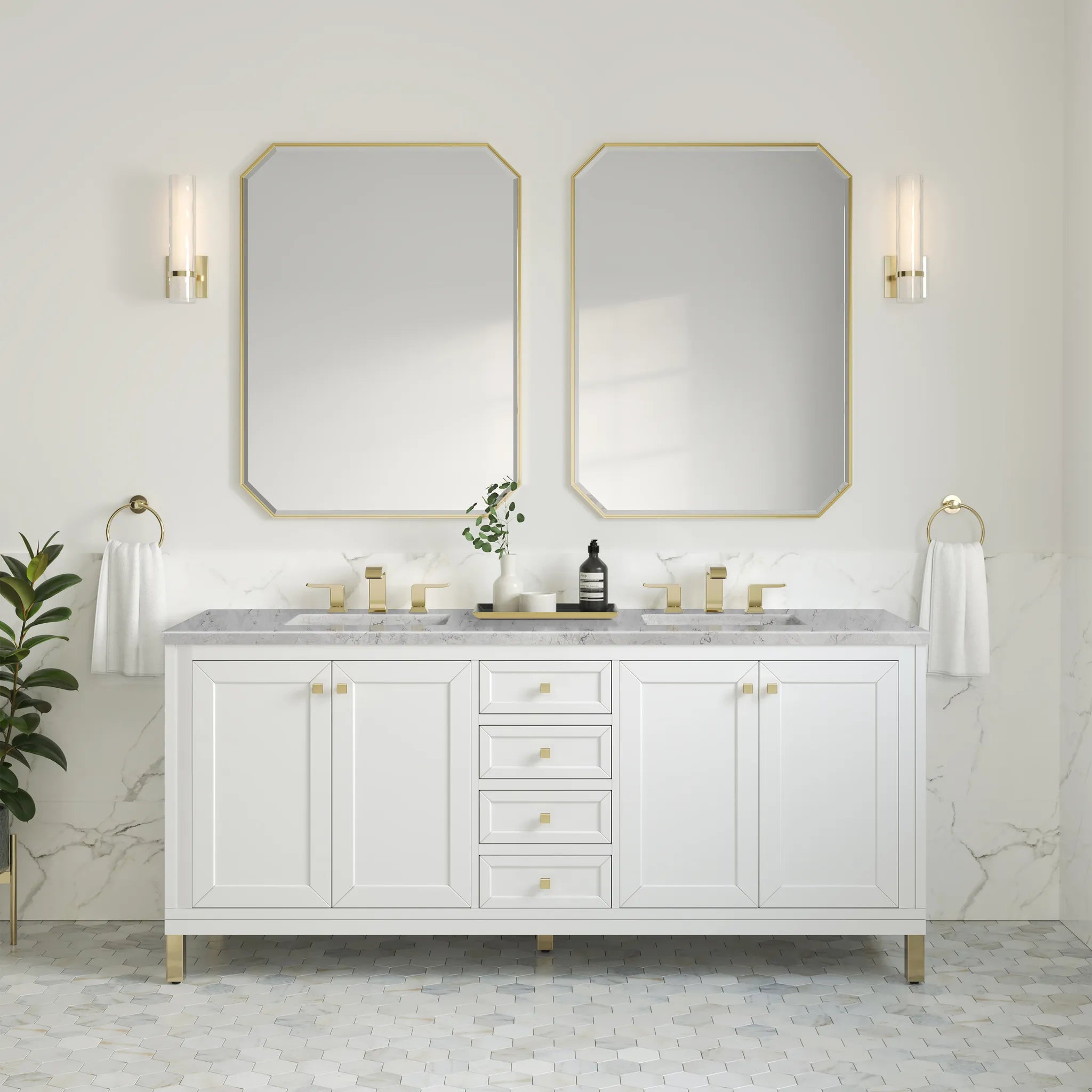 72" Chicago Double Vanity in Glossy White, Wireless Charger-Eternal Jasmine Pearl Silestone-8" Widespread image 4