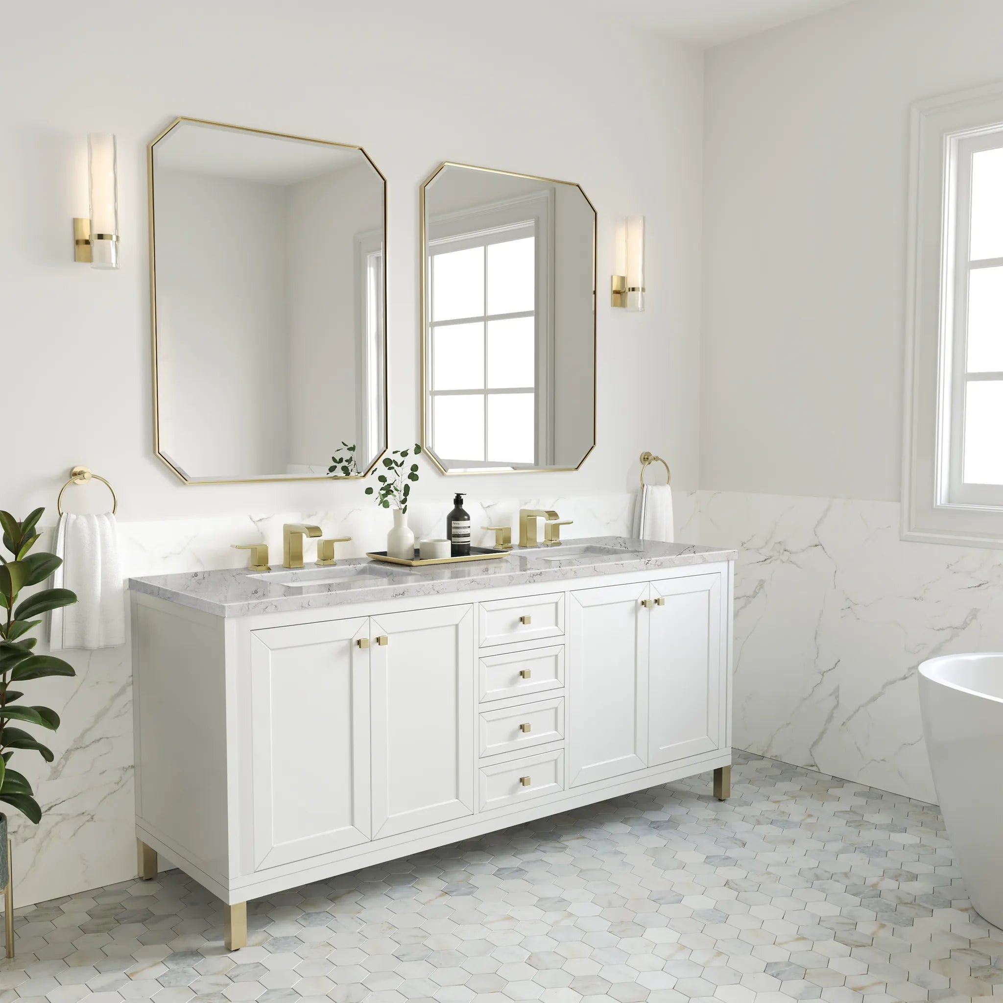 72" Chicago Double Vanity in Glossy White, Wireless Charger-Eternal Jasmine Pearl Silestone-8" Widespread image 5
