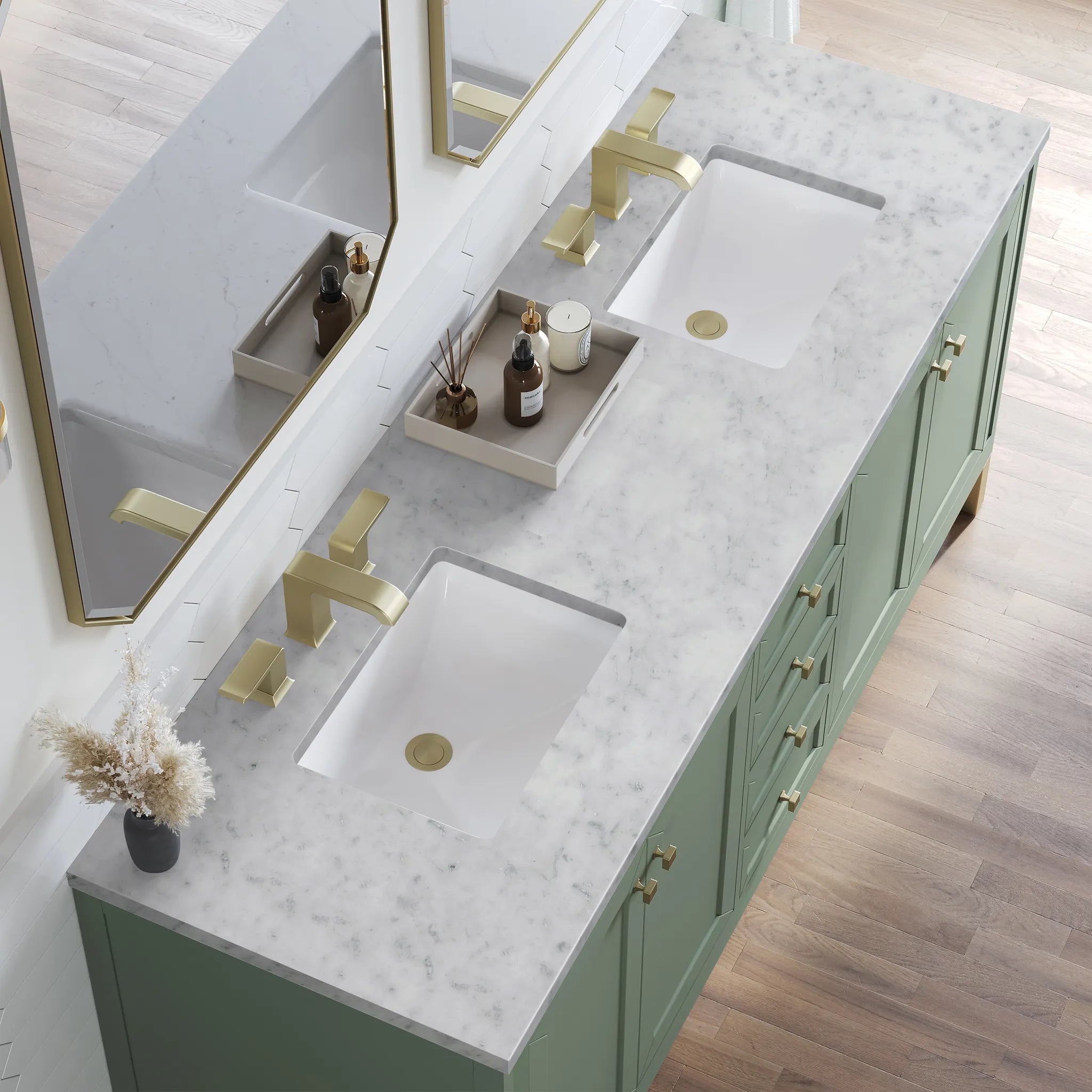 72" Chicago Double Vanity in Smokey Celadon-Carrara White Marble-8" Widespread image 8