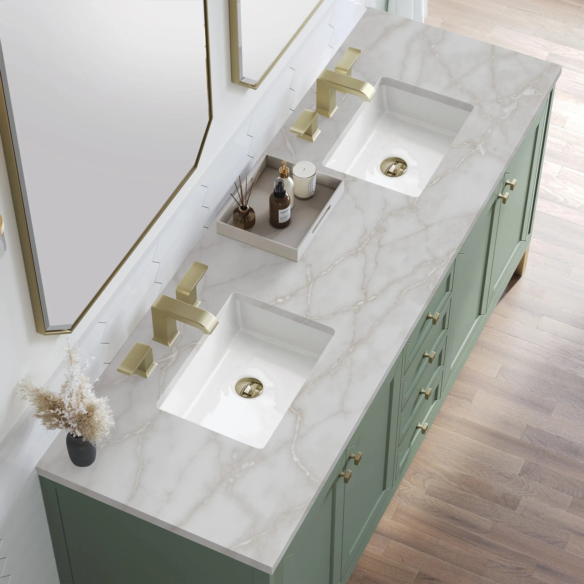 72" Chicago Double Vanity in Smokey Celadon-Victorian Silver Silestone-8" Widespread image 7