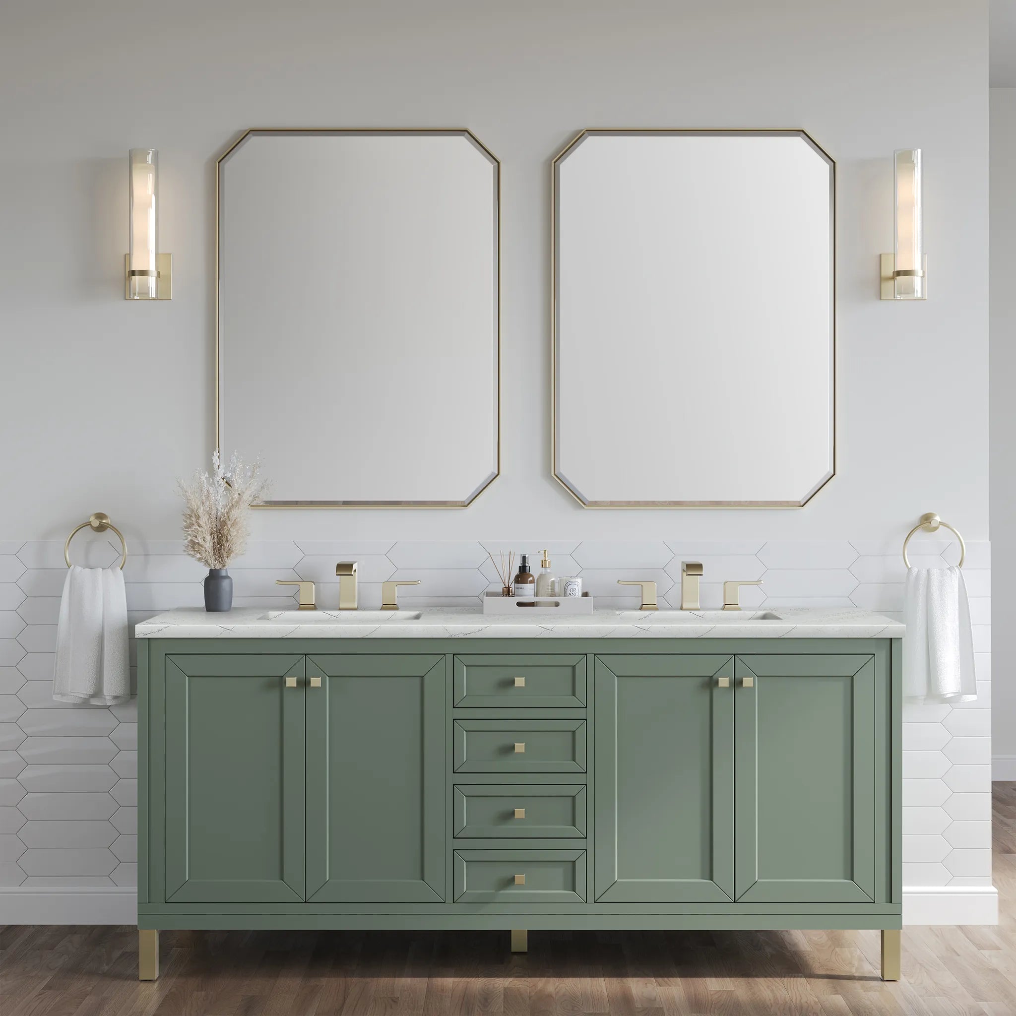 72" Chicago Double Vanity in Smokey Celadon, w/FreePower Wireless Charger-Ethereal Noctis Silestone-8" Widespread image 4