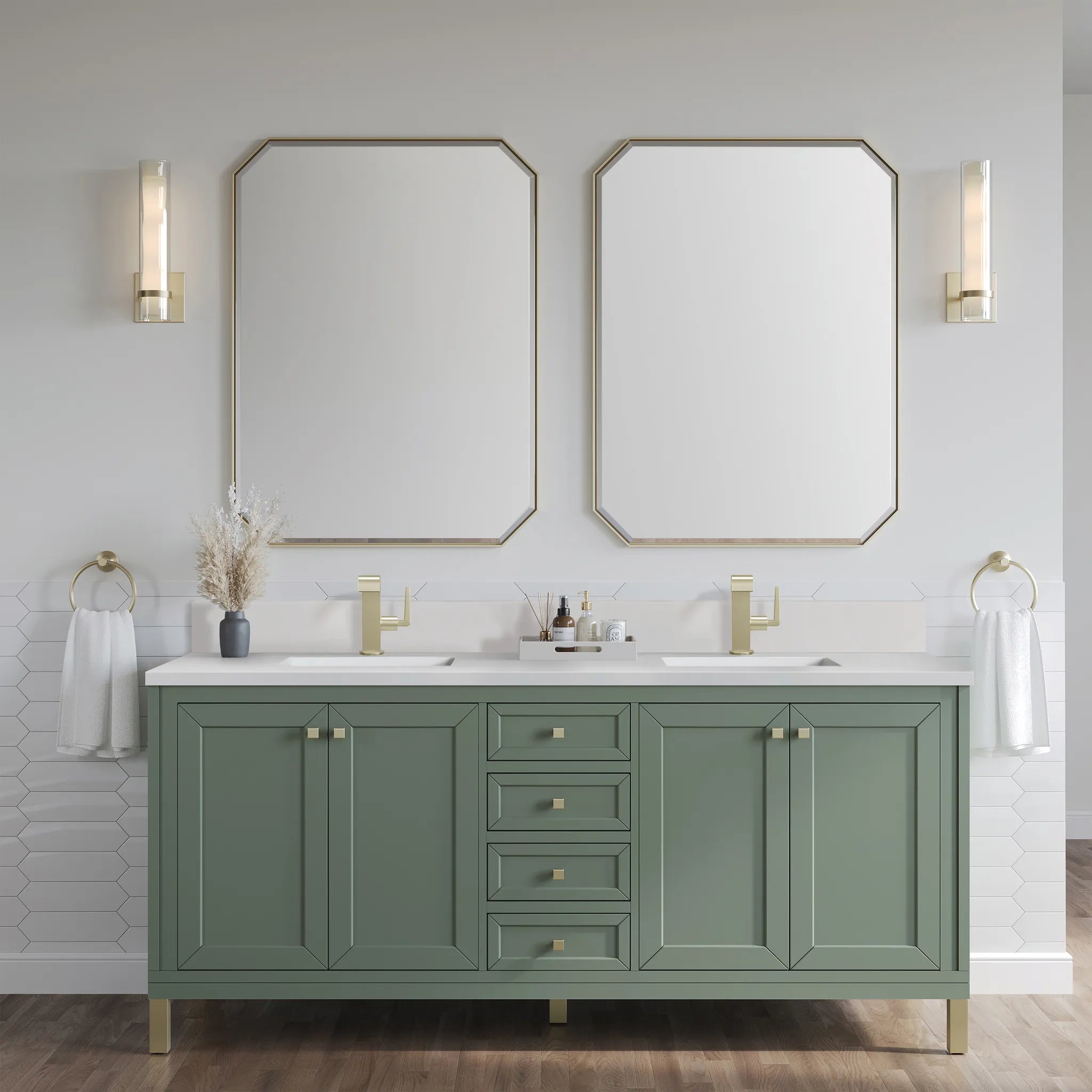 72" Chicago Double Vanity in Smokey Celadon-White Zeus Silestone & Backsplash-Single Hole image 3