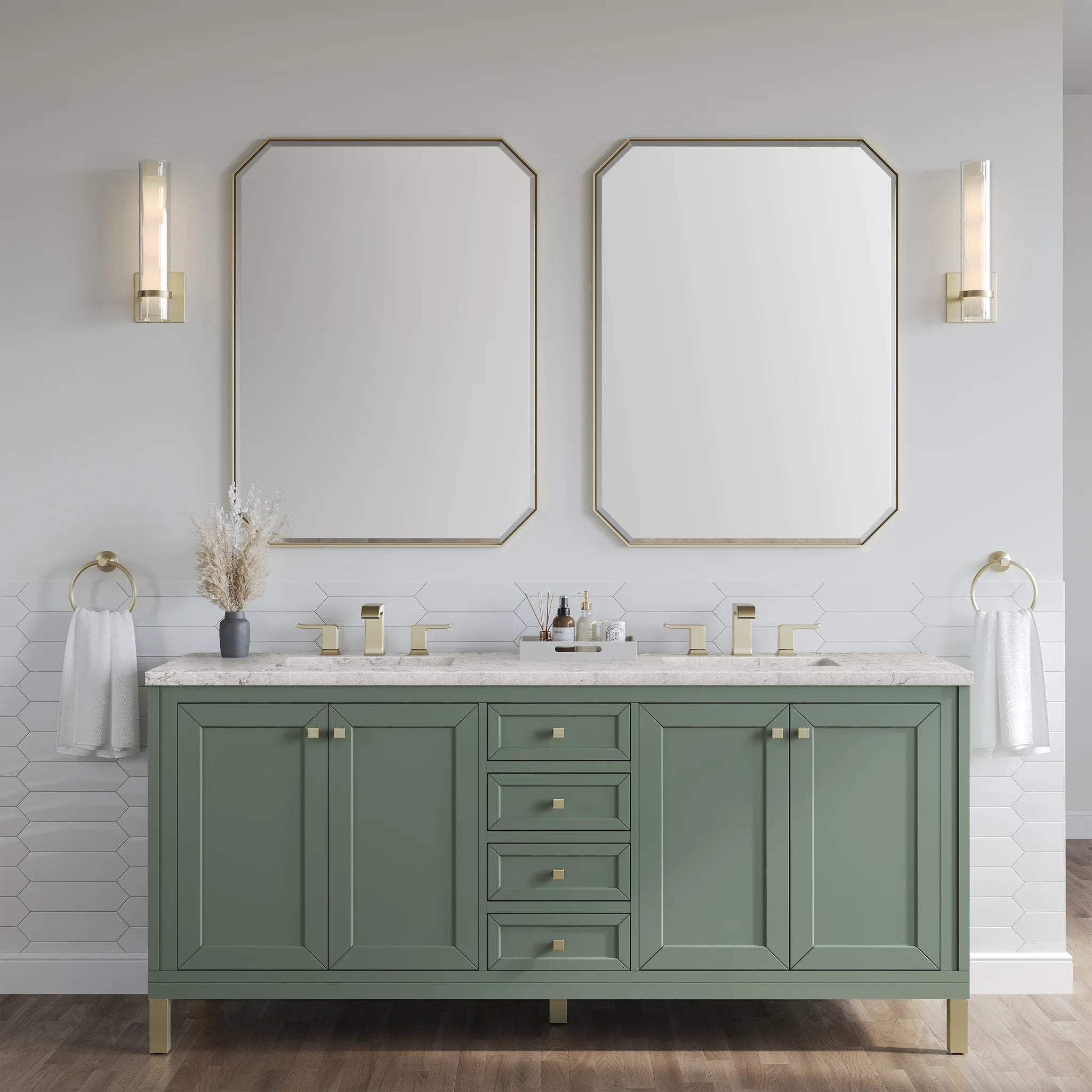 72" Chicago Double Vanity in Smokey Celadon, Wireless Charger-Eternal Jasmine Pearl Silestone-8" Widespread image 4