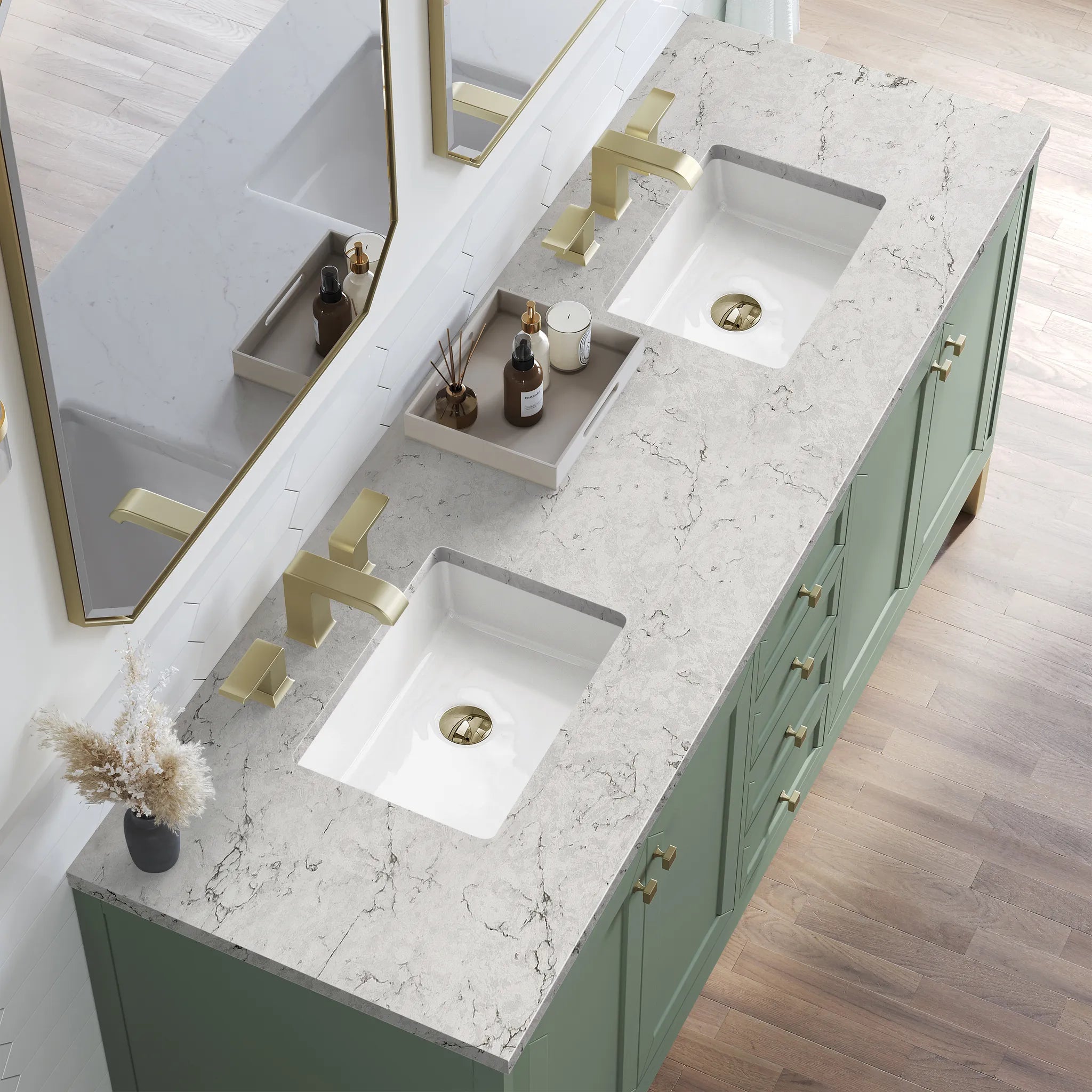 72" Chicago Double Vanity in Smokey Celadon, Wireless Charger-Eternal Jasmine Pearl Silestone-8" Widespread image 8