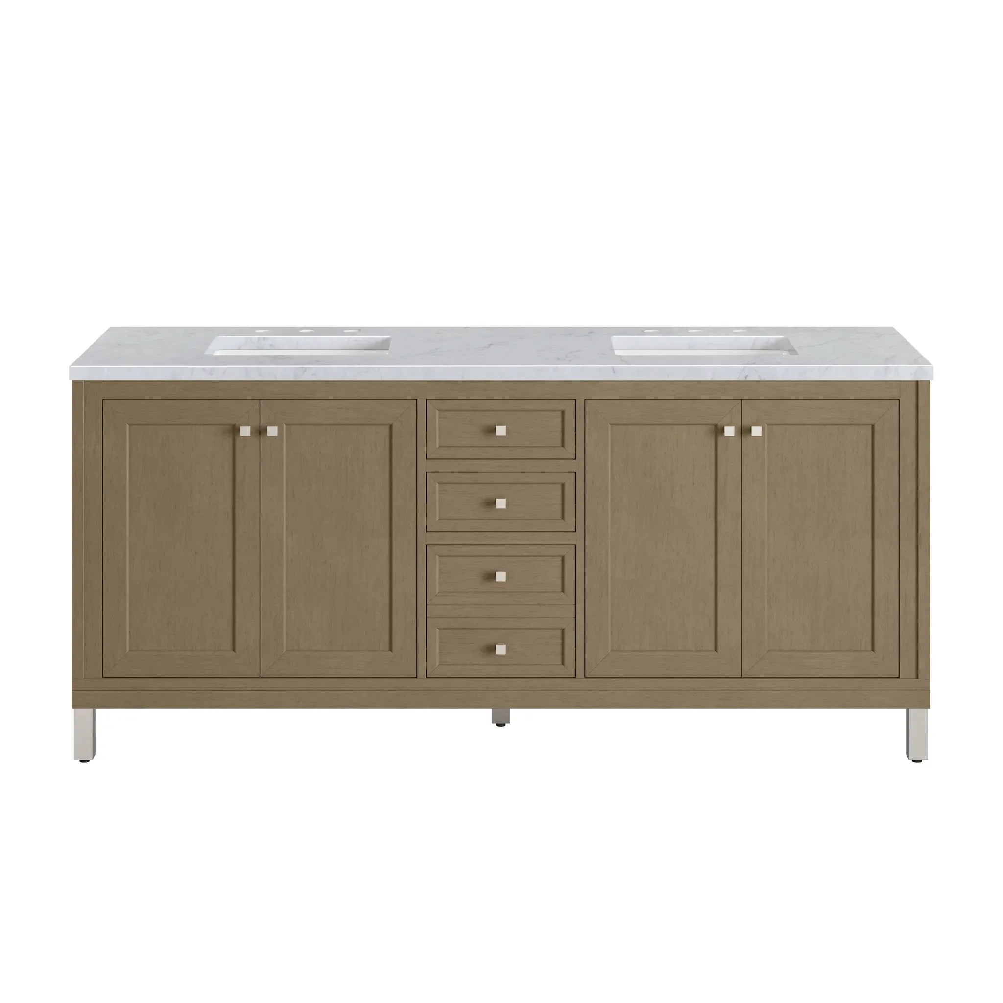 72" Chicago Double Vanity in Walnut Whisper-Carrara White Marble-8" Widespread image 1