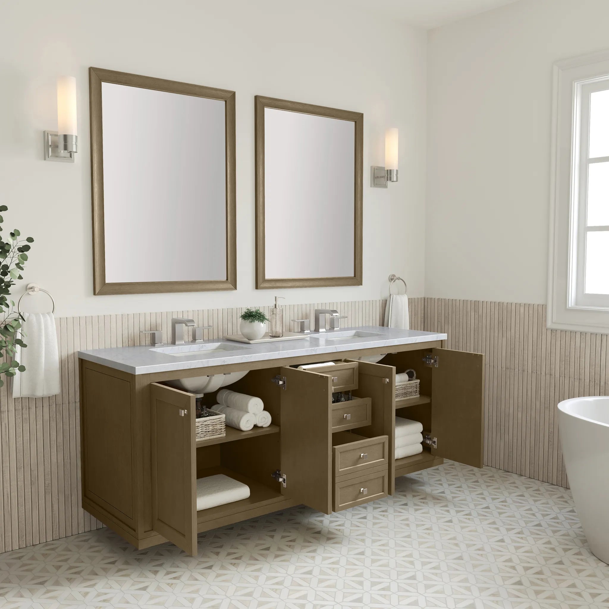 72" Chicago Double Vanity in Walnut Whisper-Carrara White Marble-8" Widespread image 11