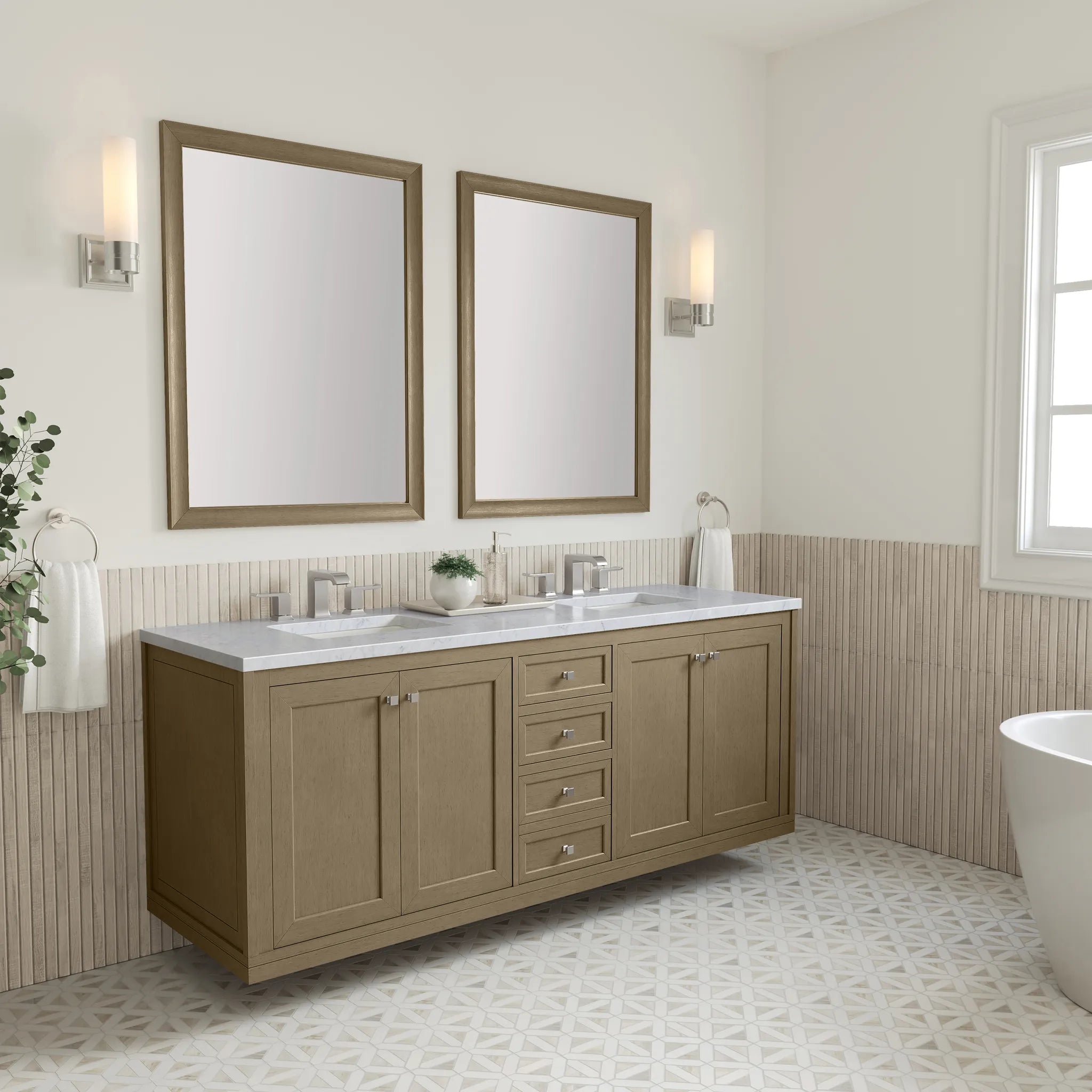72" Chicago Double Vanity in Walnut Whisper-Carrara White Marble-8" Widespread image 9