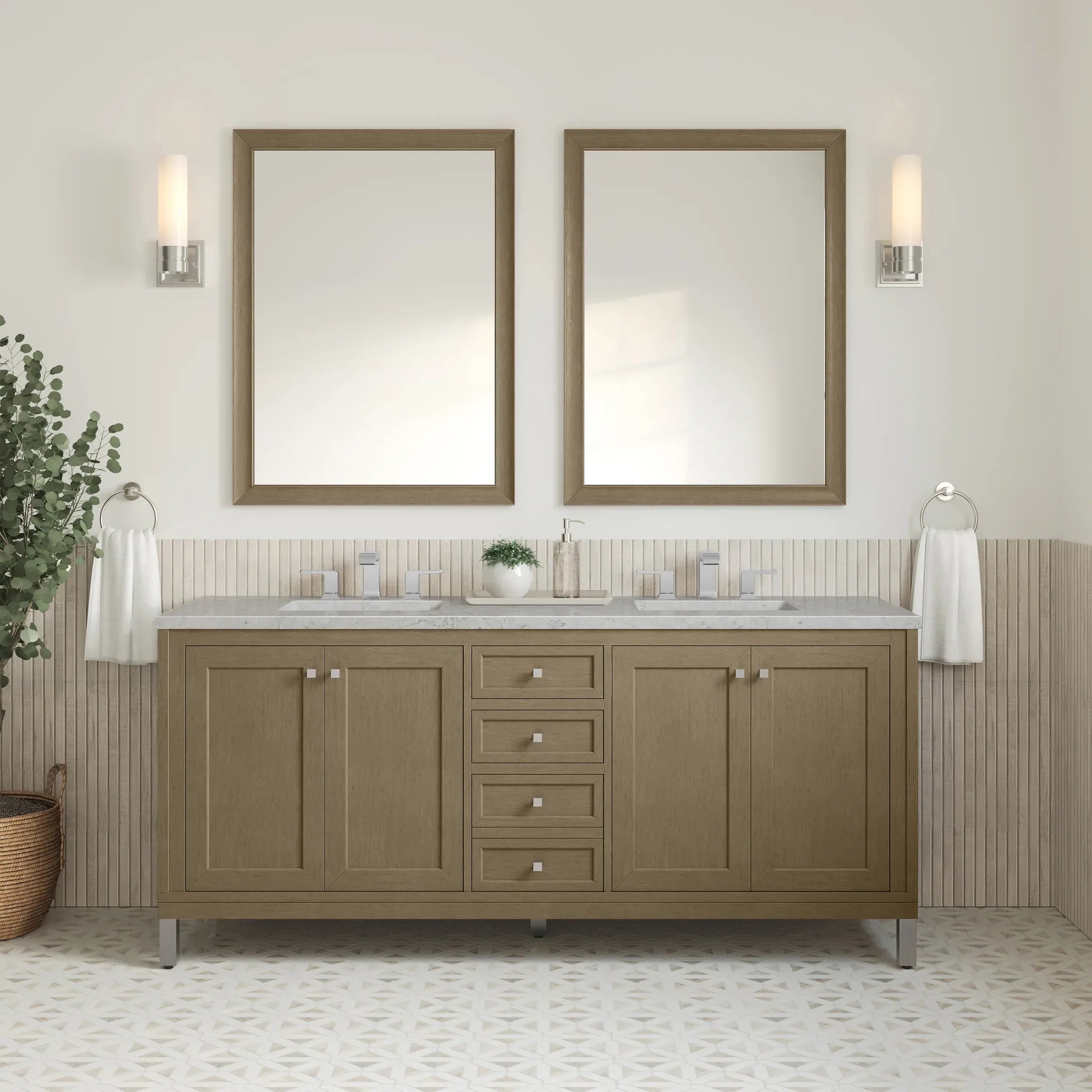 72" Chicago Double Vanity in Walnut Whisper-Eternal Jasmine Pearl Silestone-8" Widespread image 6