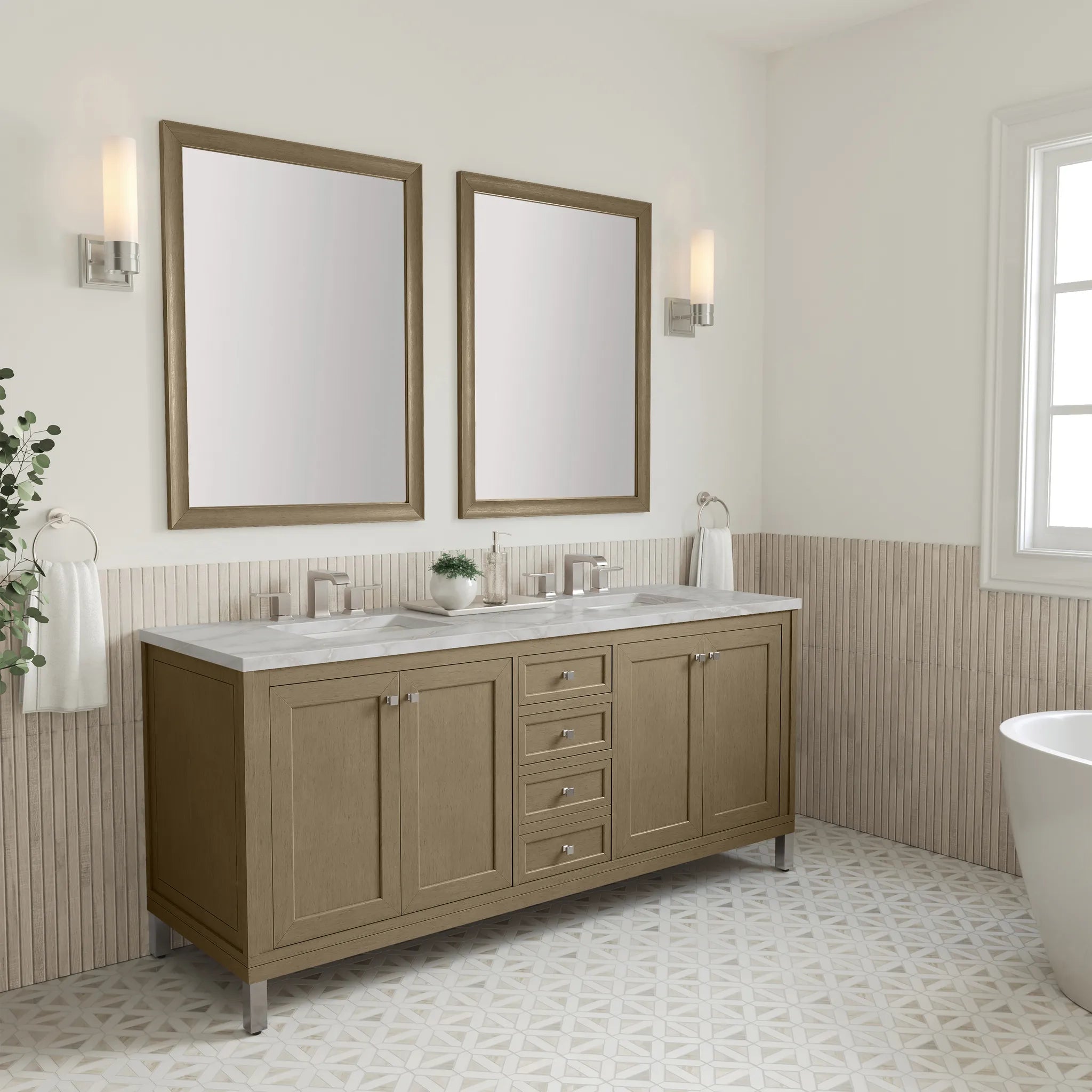 72" Chicago Double Vanity in Walnut Whisper-Victorian Silver Silestone-8" Widespread image 5