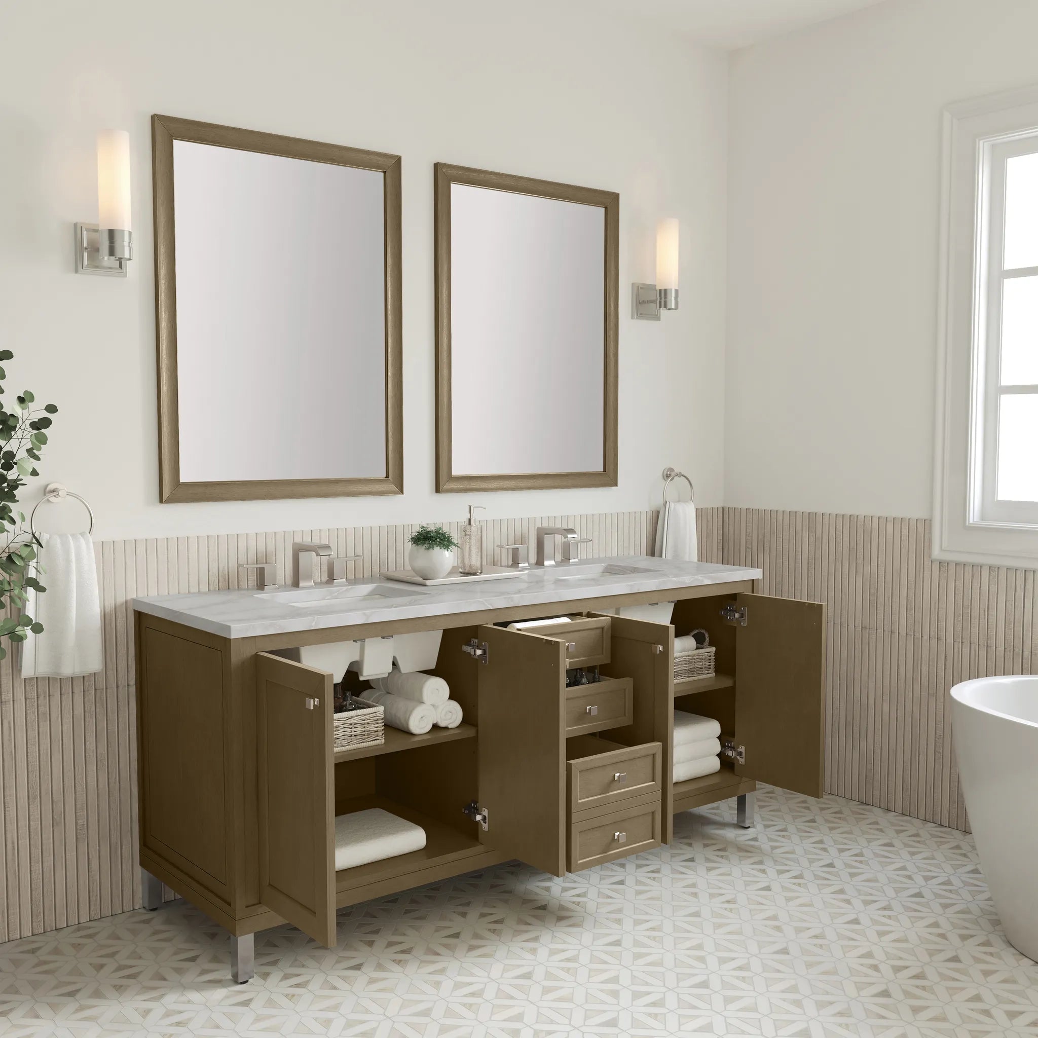 72" Chicago Double Vanity in Walnut Whisper-Victorian Silver Silestone-8" Widespread image 6