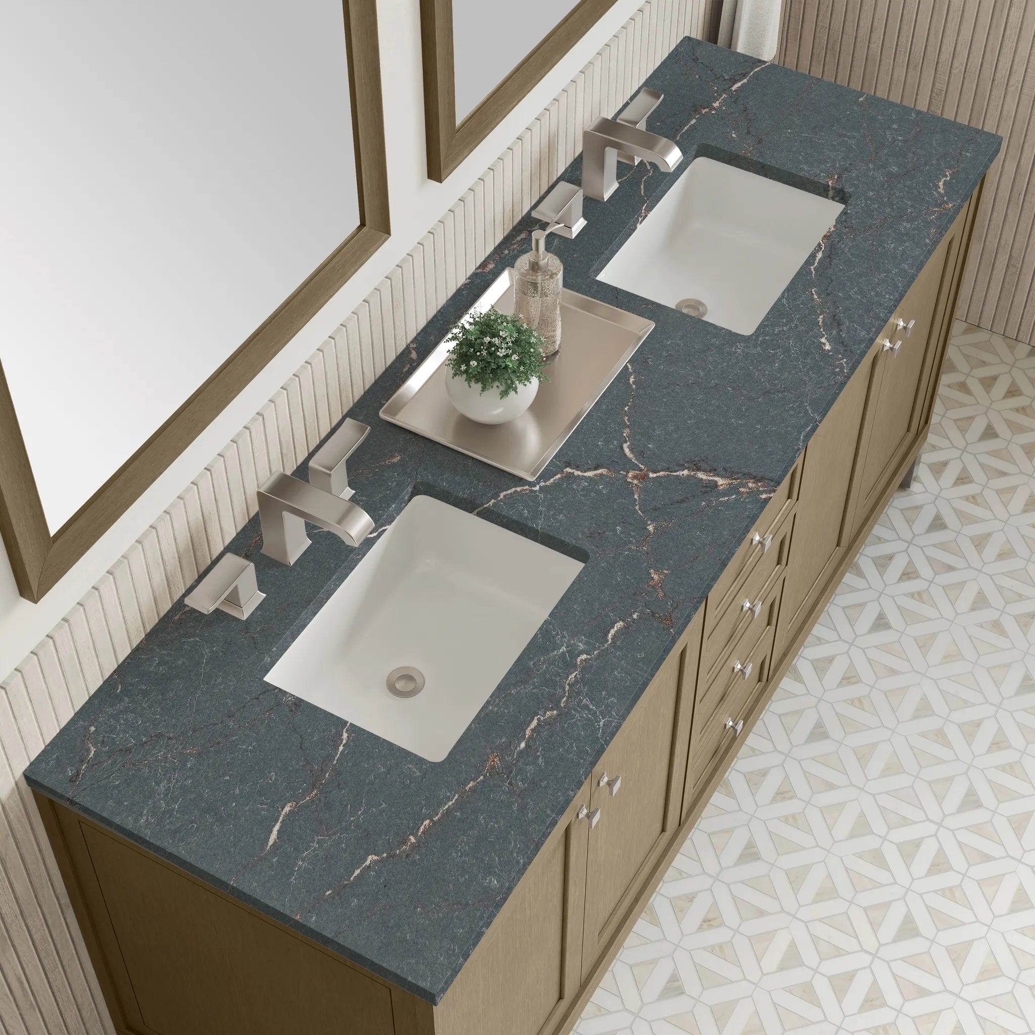72" Chicago Double Vanity in Walnut Whisper, w/FreePower Wireless Charger-Parisien Bleu Silestone-8" Widespread image 10
