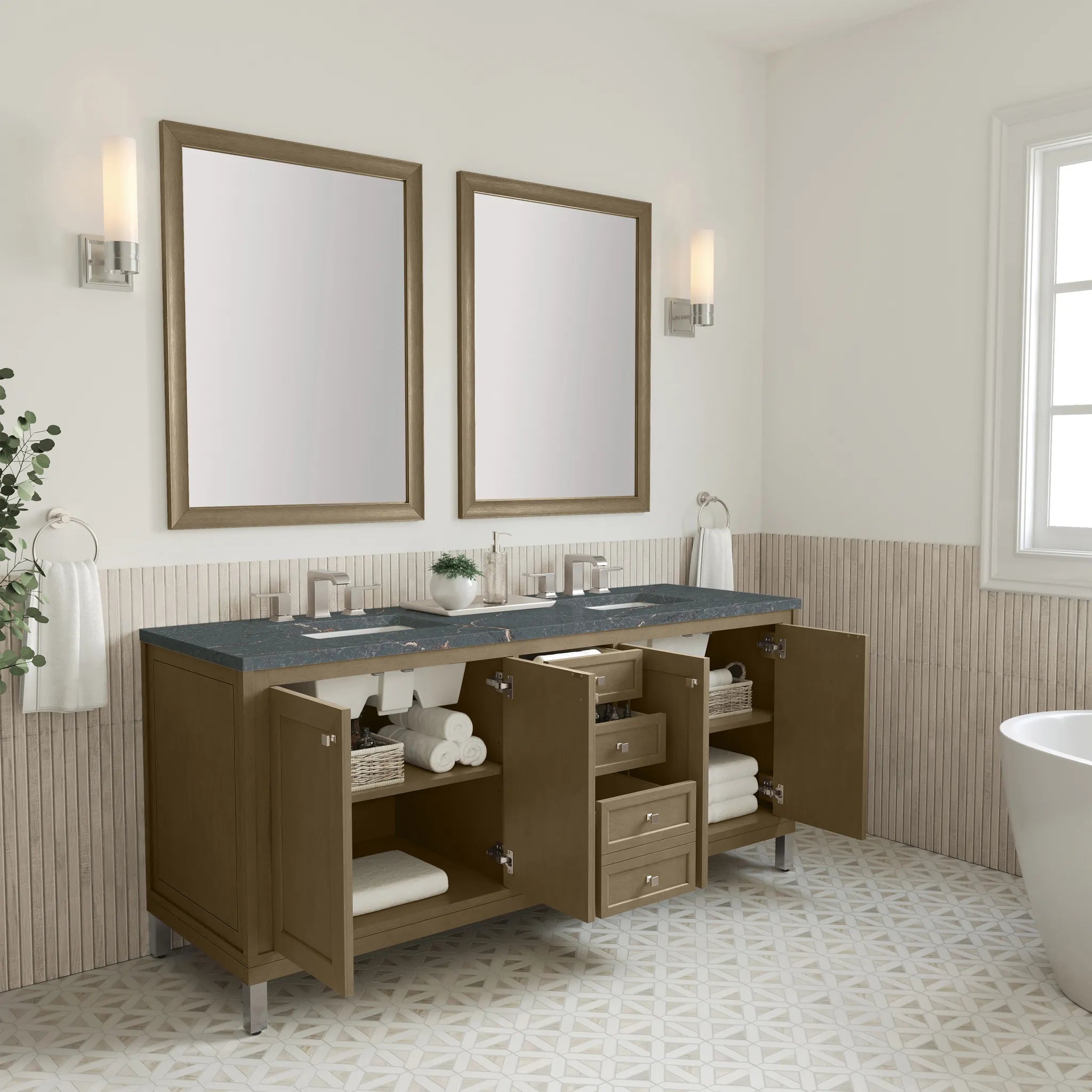 72" Chicago Double Vanity in Walnut Whisper, w/FreePower Wireless Charger-Parisien Bleu Silestone-8" Widespread image 8